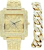 Biggie Bling-ed Out Easy Reader - Arabic #s on Dial of Square Unisex Watch - Perfect for Men & Women wanting to be on point - Set Includes Bling-ed Out Gold Cuban Bracelet - ST10246GB -Cuban