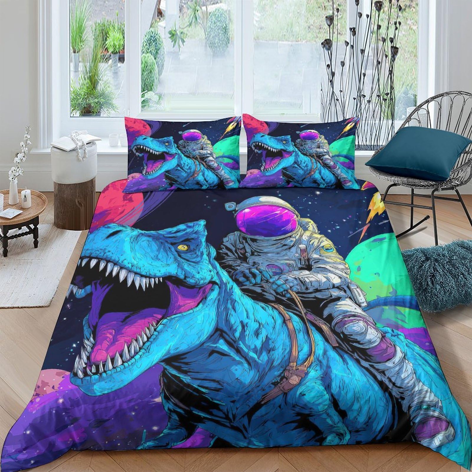 GPLZQXKJNH 3D Printed Astronaut Dinosaur Duvet Cover Microfiber Soft Breathable Space Adventure Bedding Set with 2 Pillowcases for Bedroom Decor Single（135x200cm）