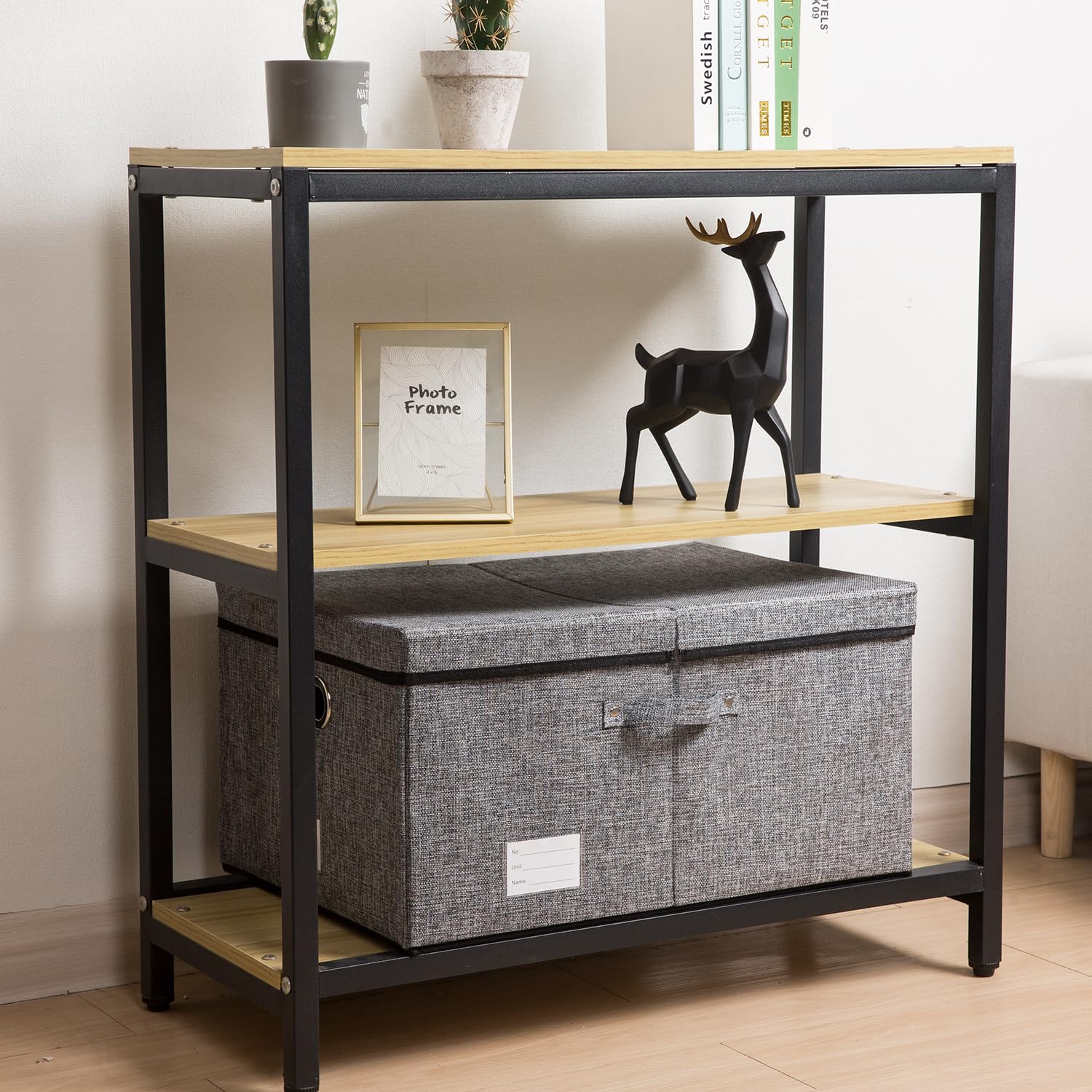 Prandom Grande Boîtes de rangement pliable avec couvercle,[Lot de 3] bacs de rangement de lin décorative, Panier Cube avec poignées,gris(58x40x30cm)