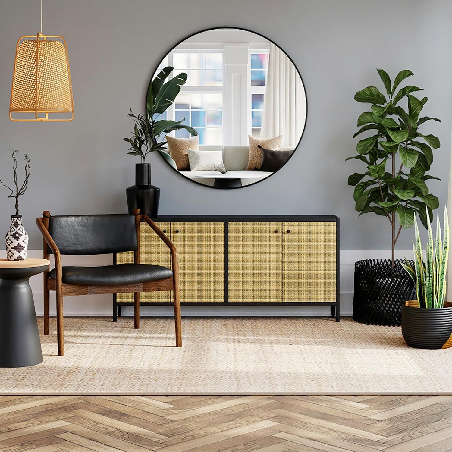 48 Inch Large Ruound Mirror Black, Wall-Mounted Circle Mirror, Oversized Bathroom Mirror with Metal Frame | Modern Oversized Vanity Mirror for Bathroom, Living Room, Entryway, Easy to Install