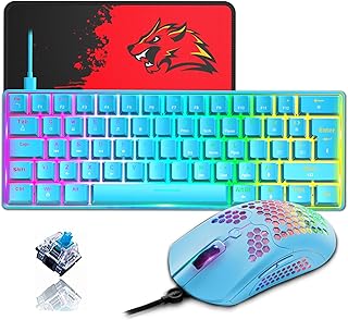 ZIYOU LANG T60 60% Blue Mechanical Gaming Keyboard and Mouse [UK Layout] - RGB Light up Type c Ergonomic Mini Keyboard - 12000 DPI USB Honeycomb Mouse PS4 PC Computer Switch Accessories - Blue Switch