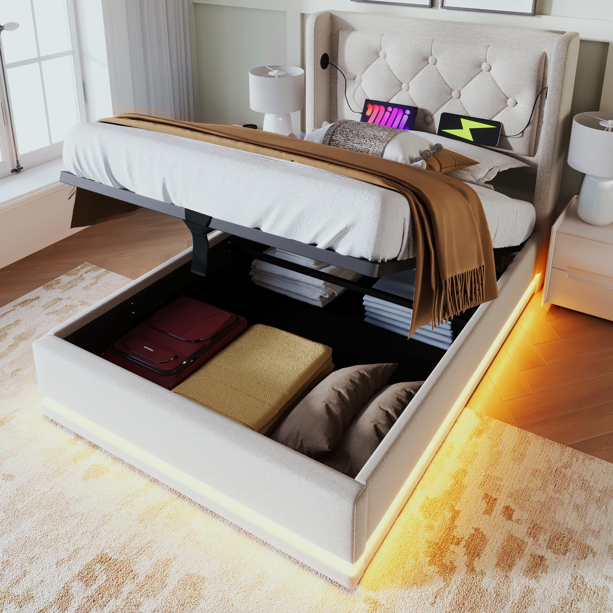 KOOPMAD Eenpersoonsbed 90 x 200 met opbergruimte, gestoffeerd bed met led en USB, jeugdbed 90 x 200, logeerbed, dagbed, boxspringbed, kinderbed, bedframe met lattenbodem, zonder matras (grijs