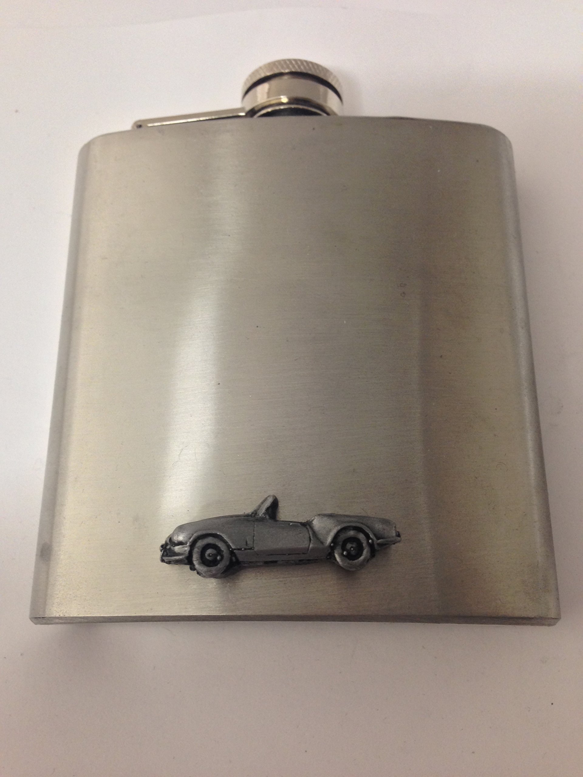 Triumph Spitfire 4 (Mk1) ref259 pewter effect car emblem on 6oz Stainless Steel Hip Flask Captive Top