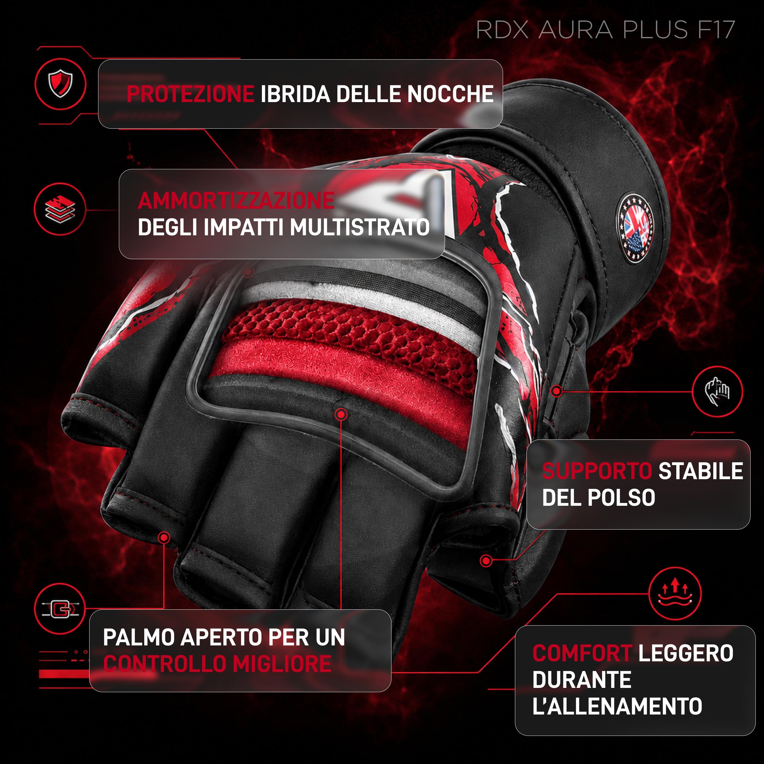 RDX New Aura Plus F17 Guanti da Grappling per Uomo e Donna, Guanti MMA a Palmo Aperto, Guanti da Allenamento per Presa, Sparring e Lotta a Terra, Imbottitura Ammortizzante, MMA Gloves