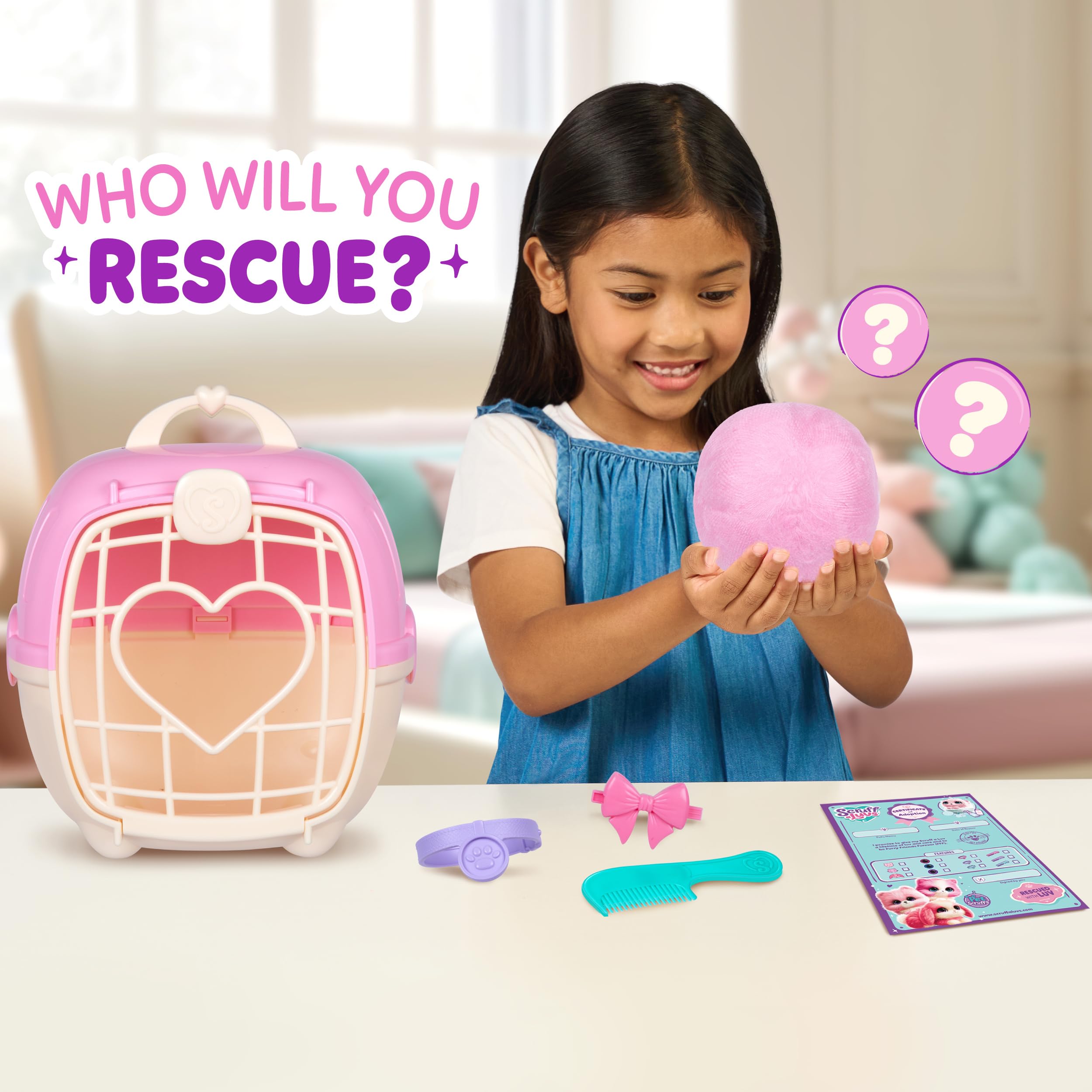 SCRUFFALUVS Pink Surprise Pet, Mystery Plush Toys, Stuffed Animals, Wash to Reveal 1 of 3 Rescue Surprise Toy Pets: Puppy, Bunny, or Kitty - Includes 8.7" Deluxe Carrier - Styles May Vary - 3