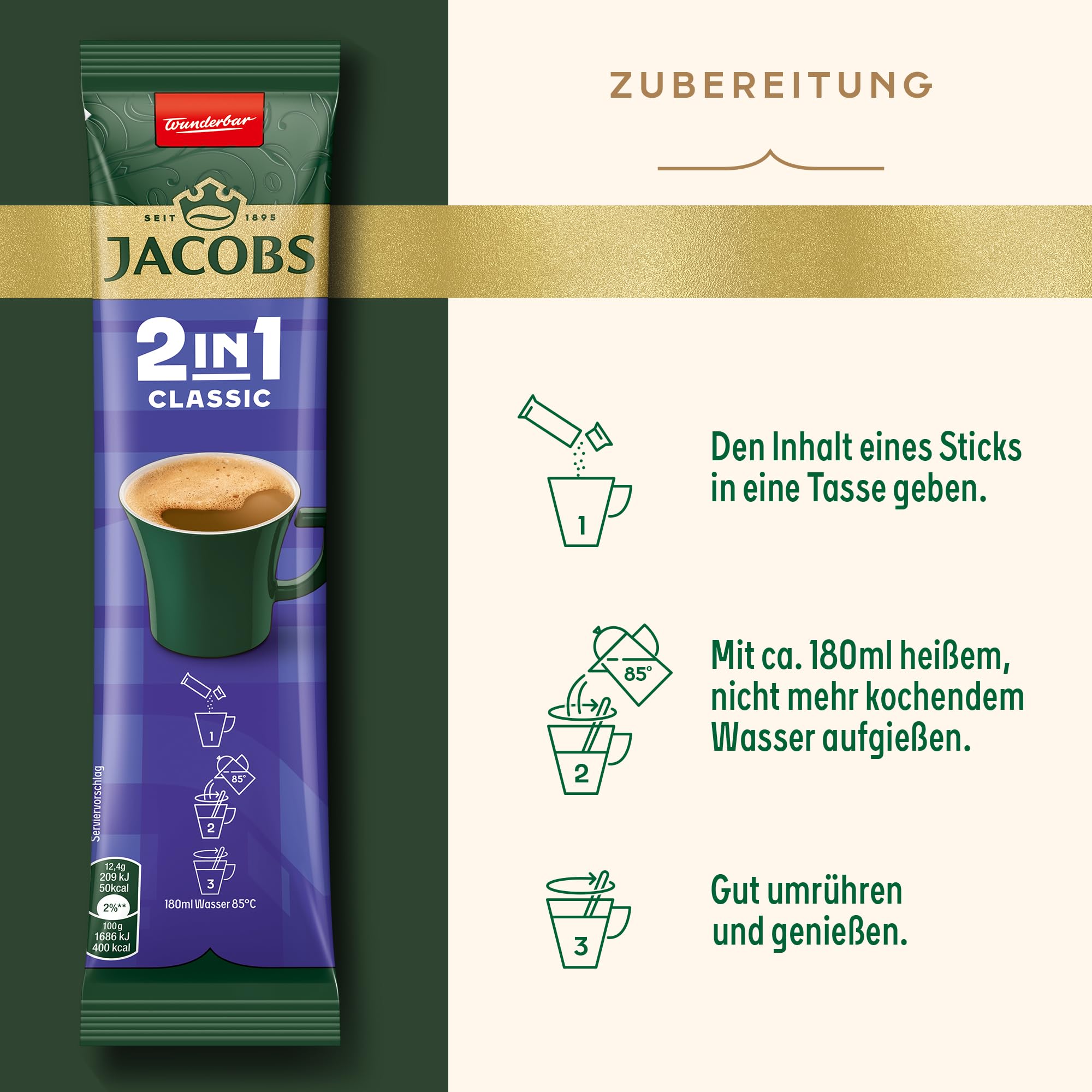 Jacobs 2in1 Classic, Instant Kaffee Sticks, löslicher Bohnenkaffee mit Creamer, 12 x 10 Sticks, 120 Getränke