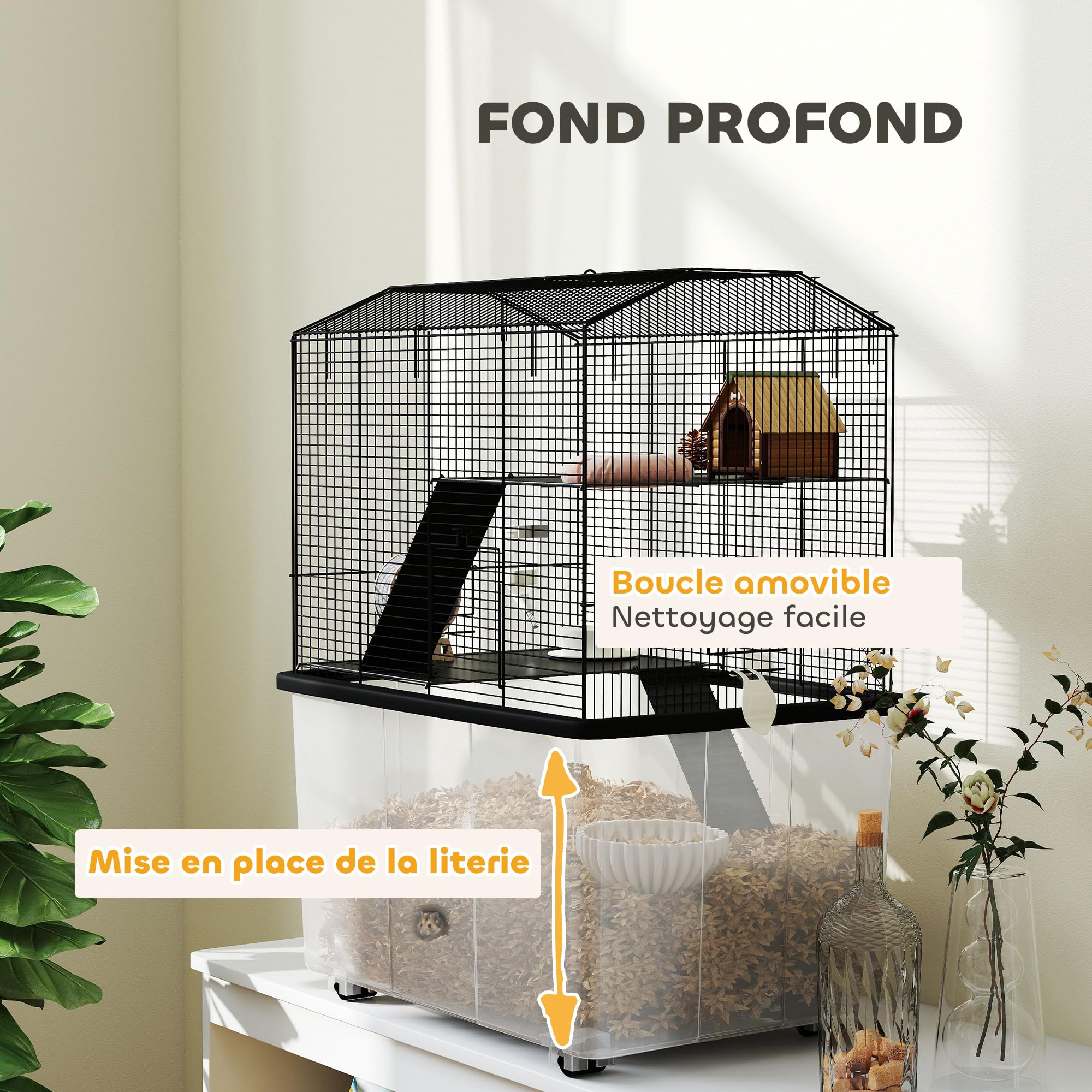 PawHut Cage Hamster, Cage Rongeur, 3 étages, avec roulettes, 2 Plate-Forme et 2 échelle, c, en Fil d'acier, 57 x 43 x 74 cm, Noir