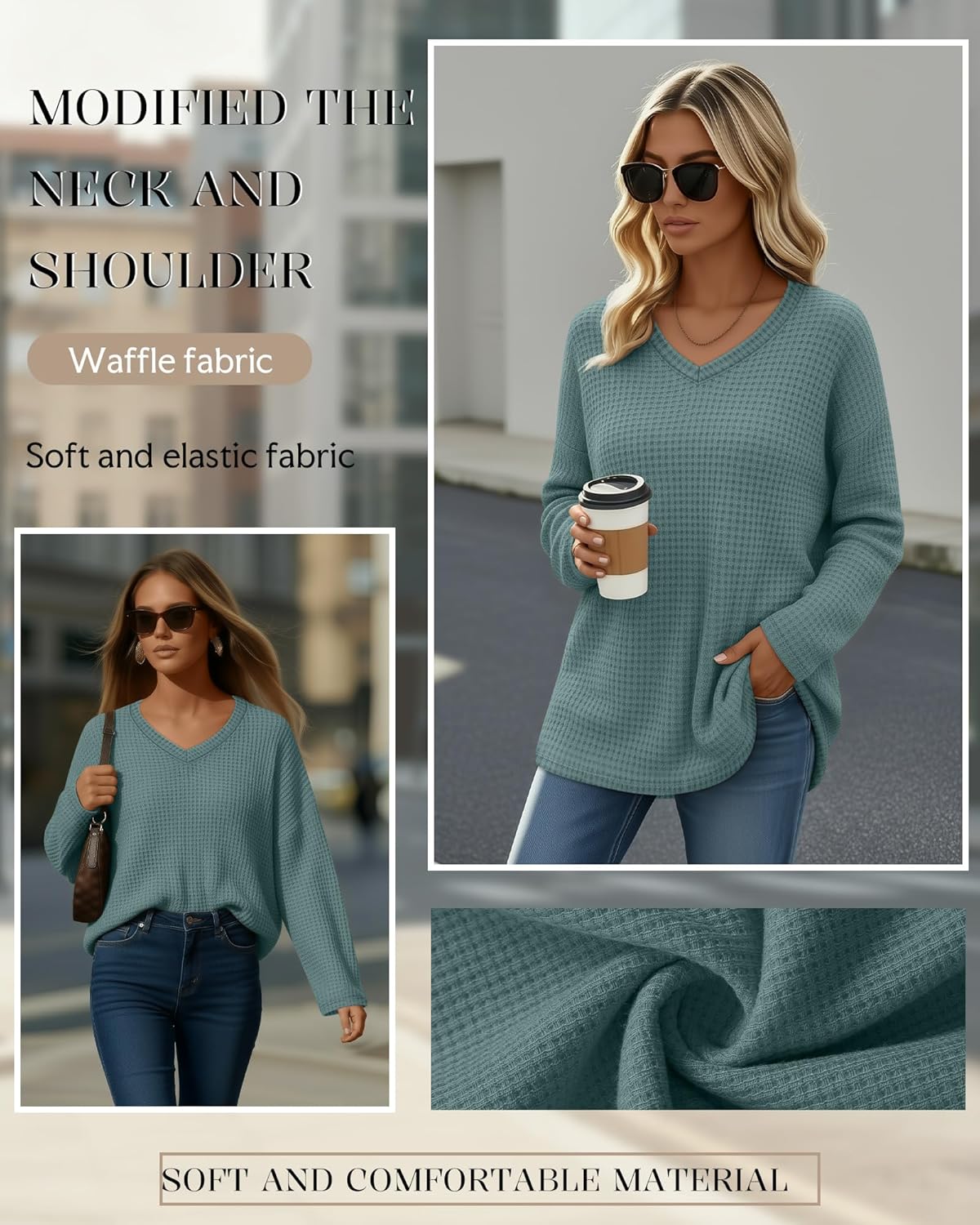 Women's Waffle Long Sleeve Tops, Oversized V Neck Knit Shirts Casual Fall Pullover Sweaters Loose Fit Tunic Tshirts - Image 3