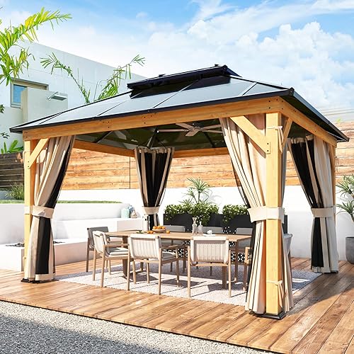 YOLENY Gazebo de techo rígido de 11 x 13 pies, kiosco de madera para exteriores, techo doble de policarbonato, malla y cortinas, cenador de patio