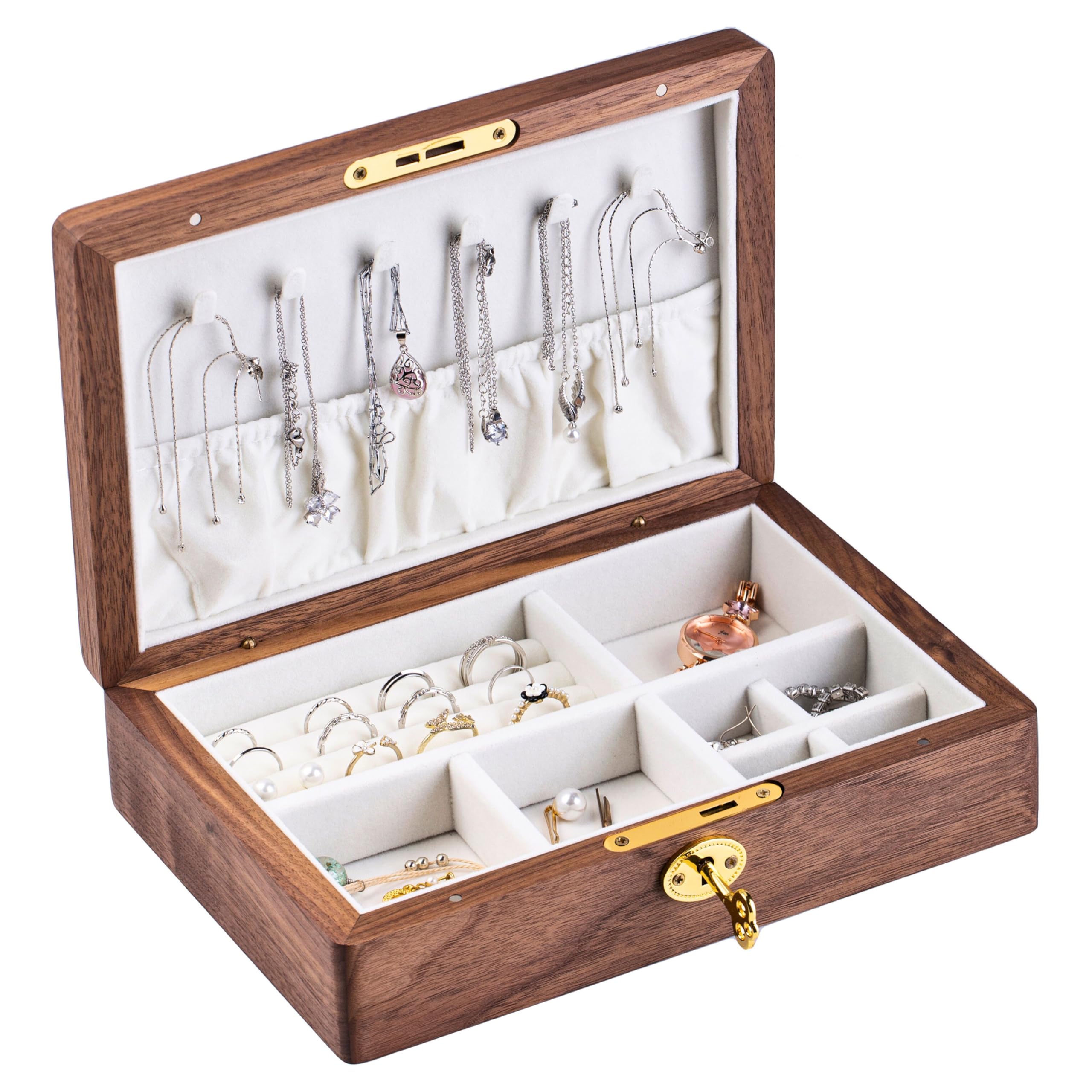 EURIELK Wooden Jewelry Box for Women, Lockable Medium Size Natural Solid Walnut Wood Vintage Trinket Organizer with Large Storage, Ring Compartments, Built in Necklace Hooks, ek09-m-walnut