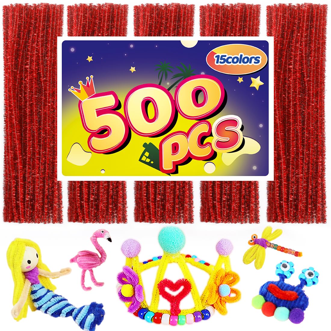 Red Glitter Pipe Cleaners - 500 Pack for Arts &amp; Crafts