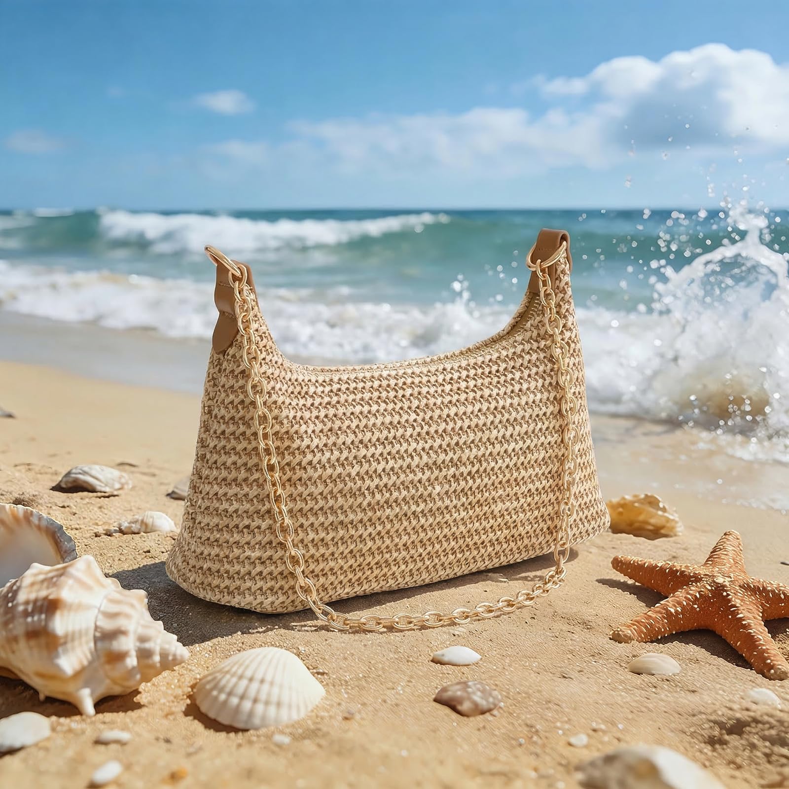 Beach Bags for Women Summer Straw Purse Boho Woven Shoulder Bag Crochet Purse Vacation Tote Handbag — view 2