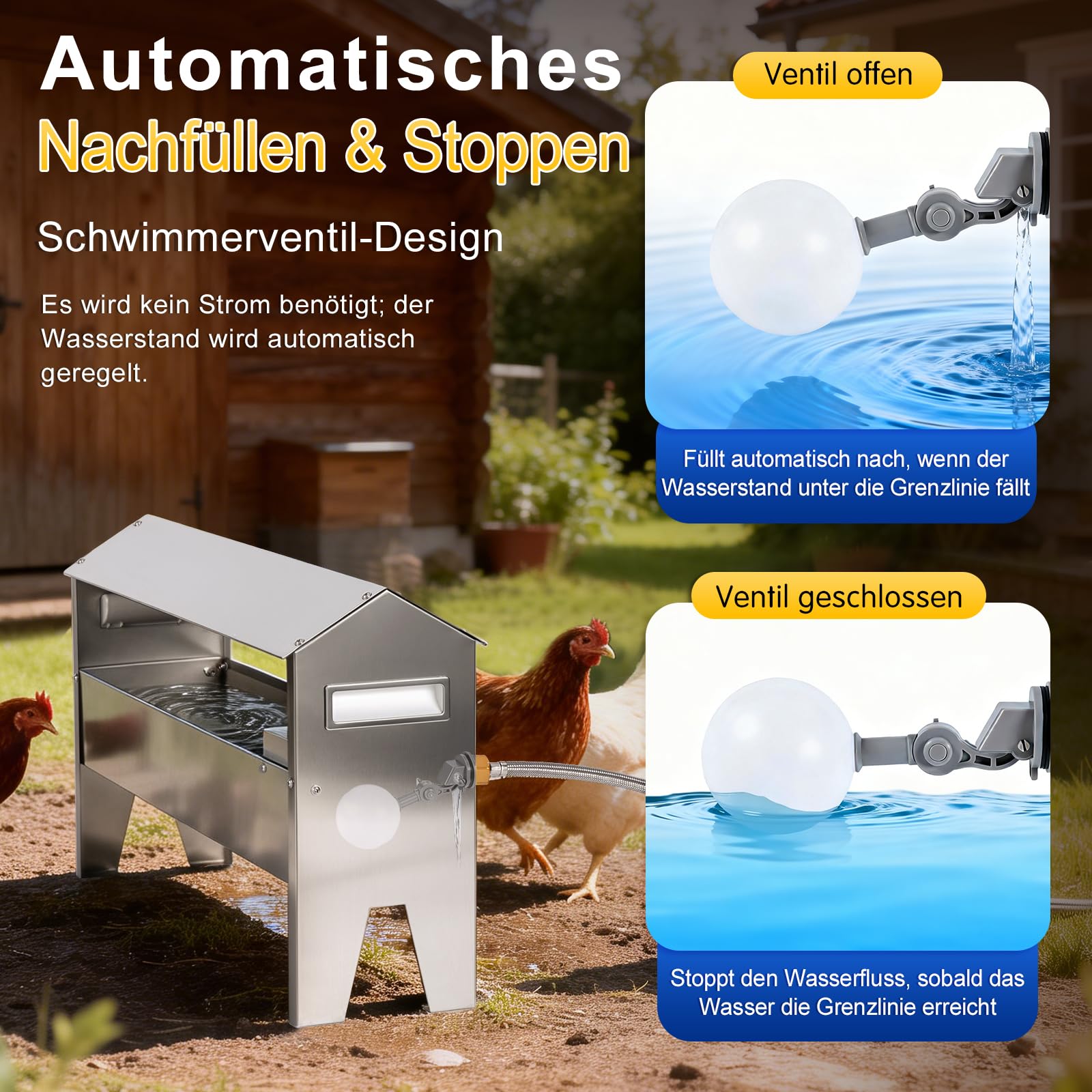 7L Hühnertränke Edelstahl,Schwimmer Geflügeltränke,Tränke Geflügel mit 1/2 Zoll Schwimmerventil für Hühner,Hühner Wasserspender,Wassertränke Hühner Edelstahl für Enten,Gänse,Tauben,Langlebig