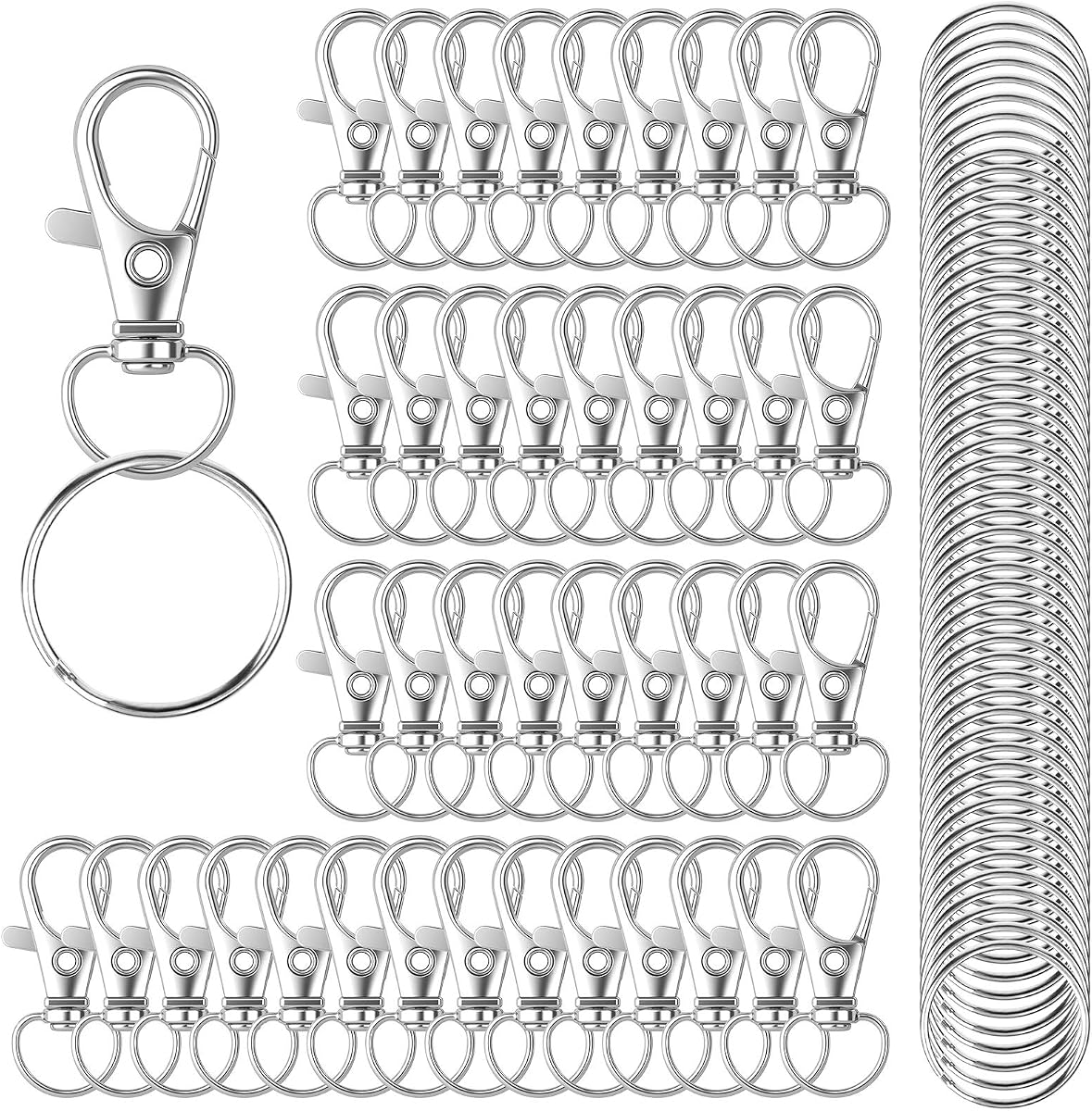 HXSEMAYIG 100PCS Keychain Hooks with Key Rings,Metal Swivel Lobster Claw Clasps, for Keychain Clip Lanyard, Jewelry Making, Crafts (Silver)