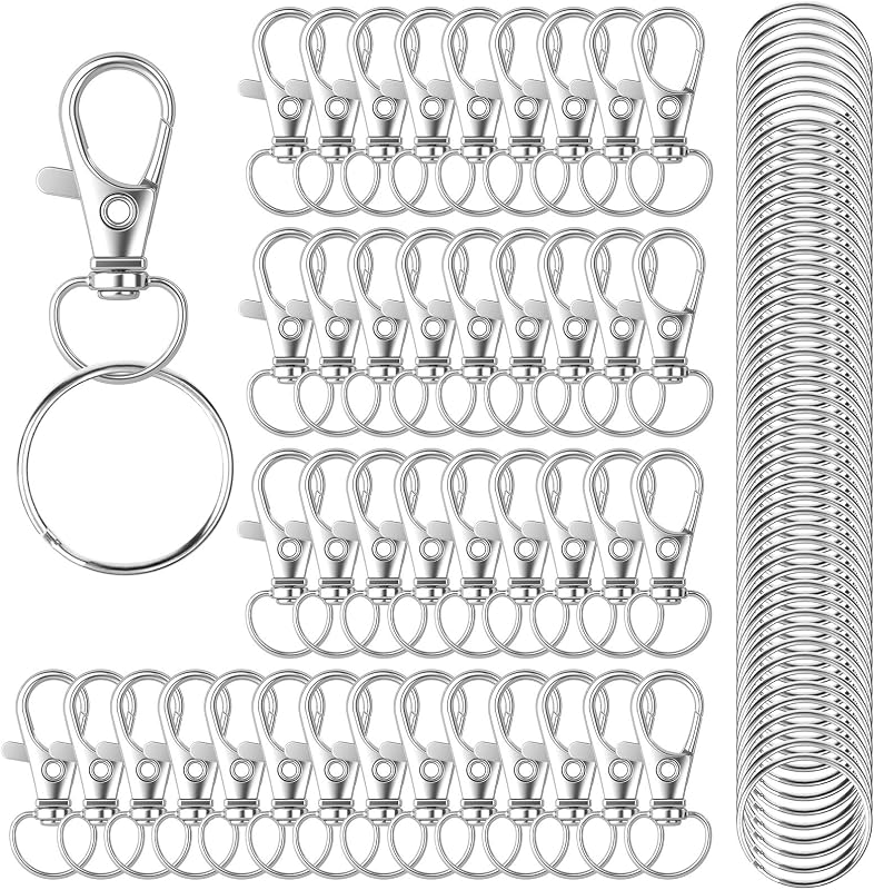 HXSEMAYIG 100PCS Keychain Hooks with Key Rings,Metal Swivel Lobster Claw Clasps, for Keychain Clip Lanyard, Jewelry Making, Crafts (Silver)
