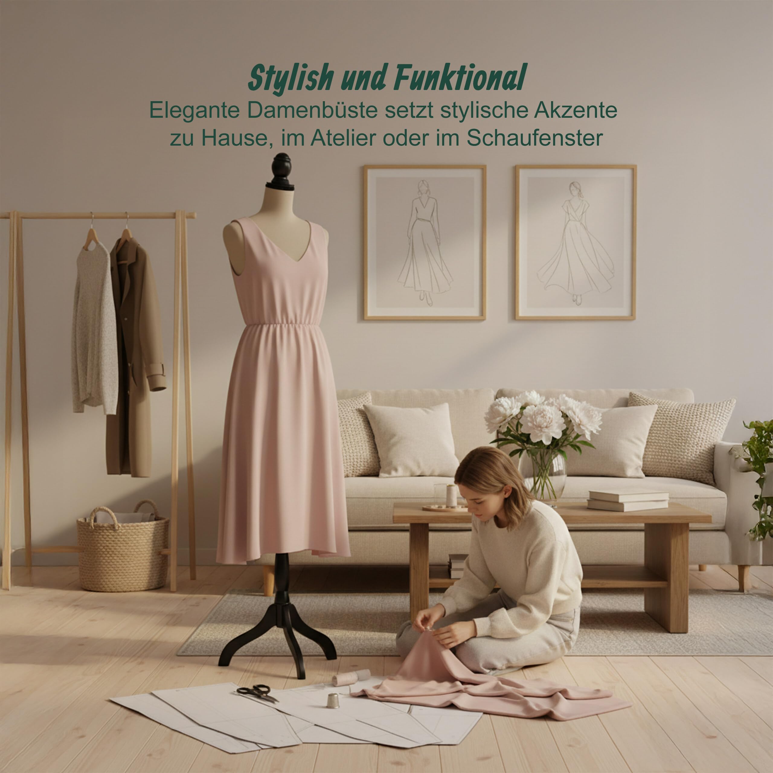 Relaxdays Schneiderpuppe weiblich, Größe 36/38, verstellbar 130–167 cm, Samt, Holzständer, Nähpuppe, Champagner/schwarz