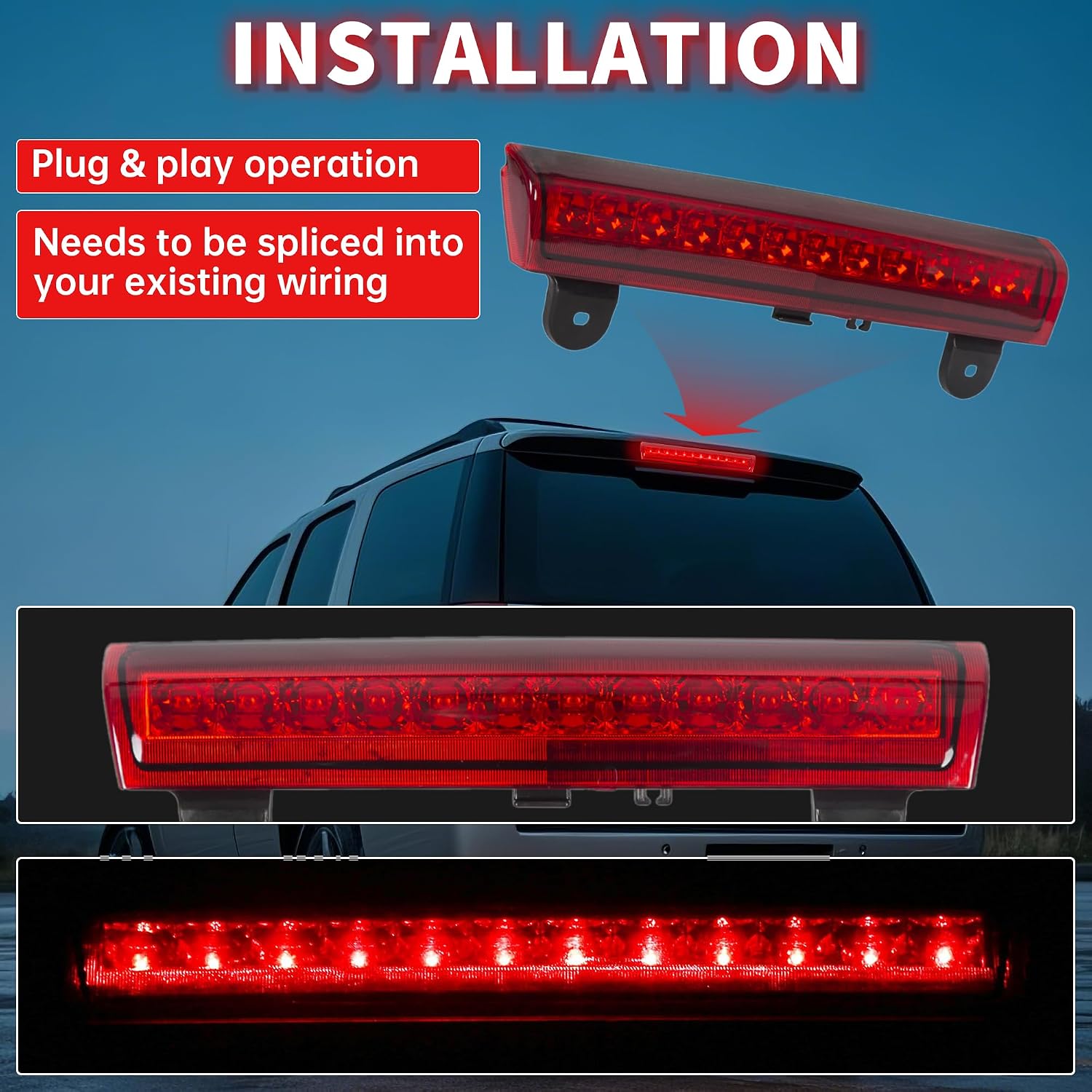 ECOTRIC Rear Roof High Mount 3RD Third Brake 12 LED Light Brake/Stop Cargo Tail light Lamp Waterproof Compatible with 00-06 Tahoe/Suberban/Yukon