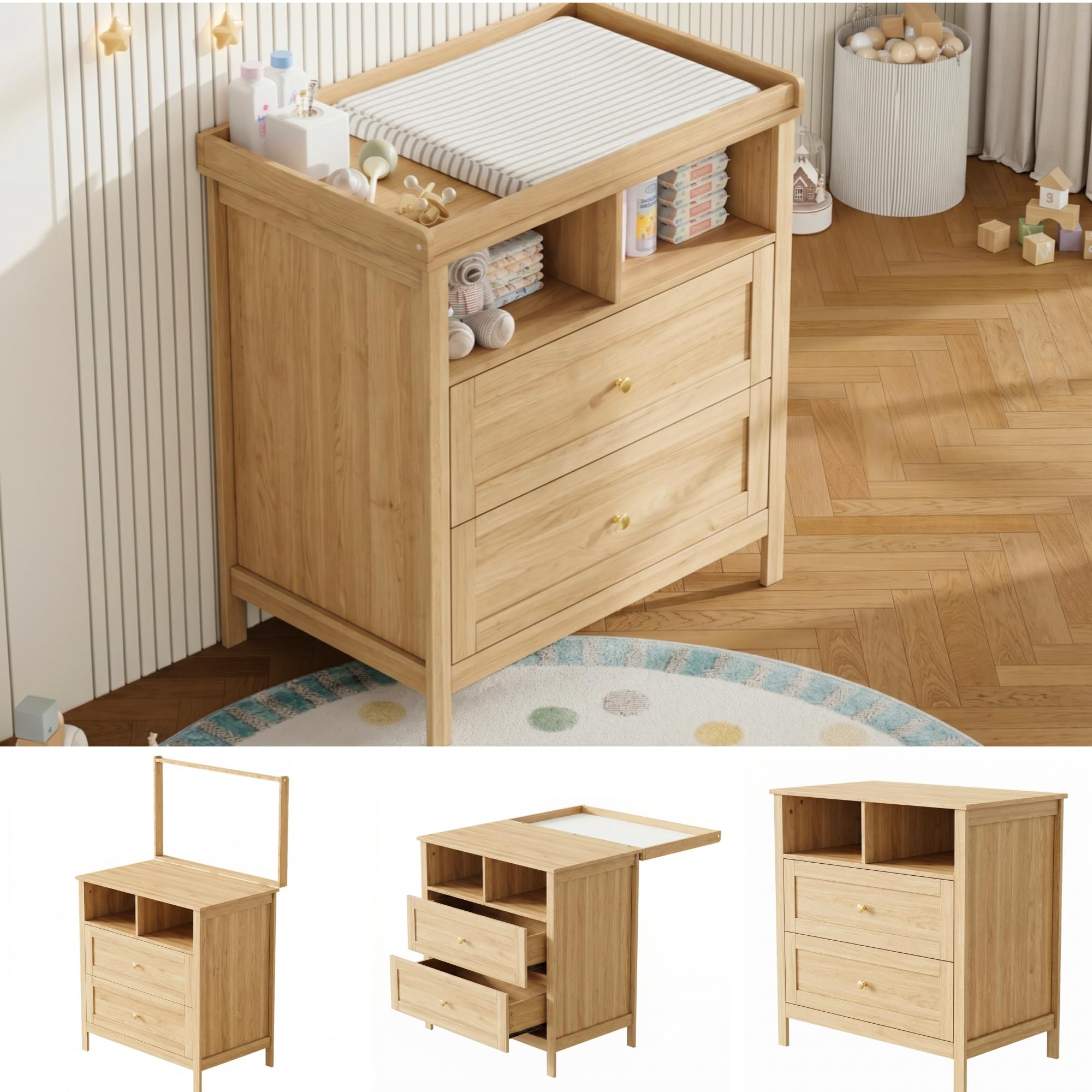 Merax Fasciatoio con fasciatoio multifunzione, fasciatoio per bambini con fasciatoio rimovibile, cassettiera con cassetti e spazio portaoggetti, fasciatoio convertibile, effetto legno, 82 x 50 x 90 cm
