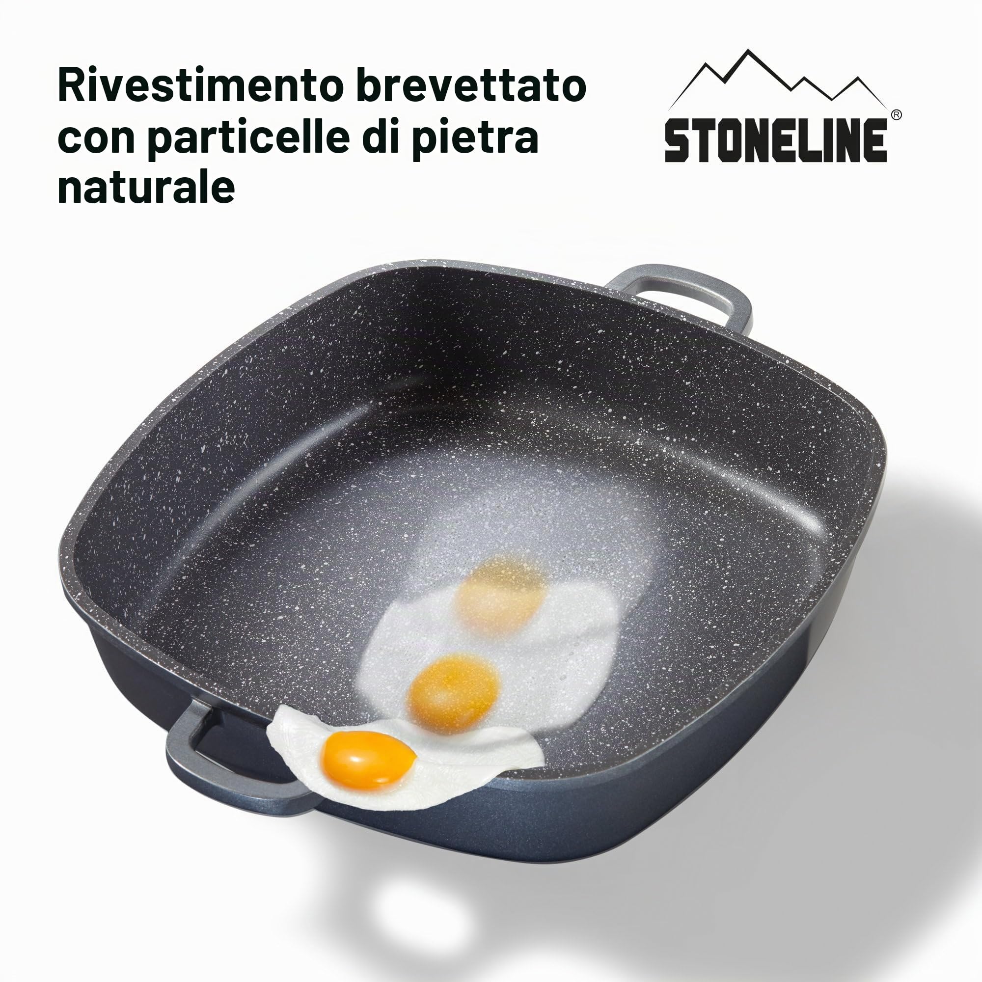 STONELINE Casseruola Quadrata 32 cm, Tegame 2 Manici Coperchio Salva-Aroma Alluminio Pressofuso, Rivestimento Antiaderente con Vere Particelle di Pietra, A Induzione Forno Tutti i Piani, Grigio