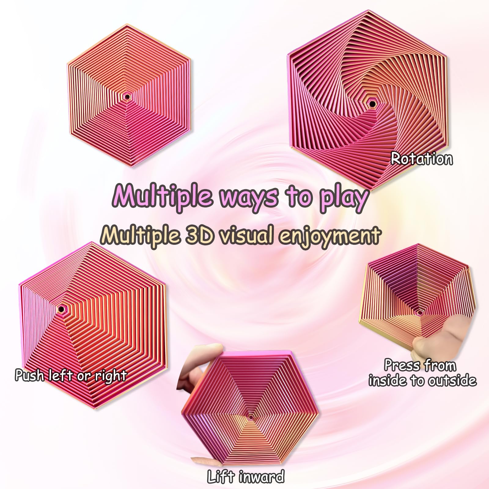Echehi Gradient Fractal Fidget Hexagons for Kids Adults 3D Spiral Visual Design Relieve Anxiety, Release Rtress Toys. Gradient Pink - Image 3