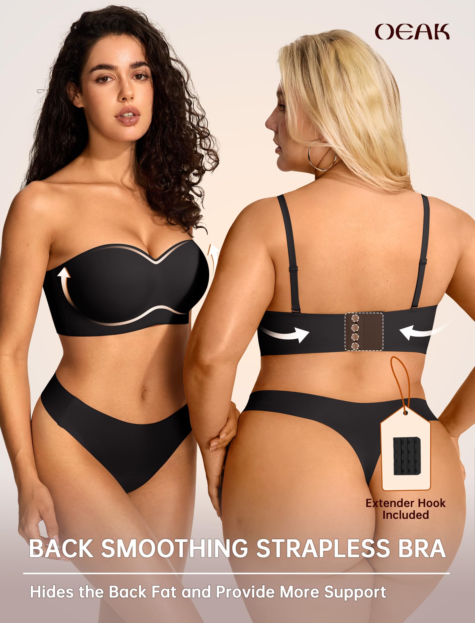 OEAK Reggiseni da donna senza spalline con ferretto multiway antiscivolo a tubo top push up bralette senza cuciture imbottito reggiseno a fascia, nero, (44) C