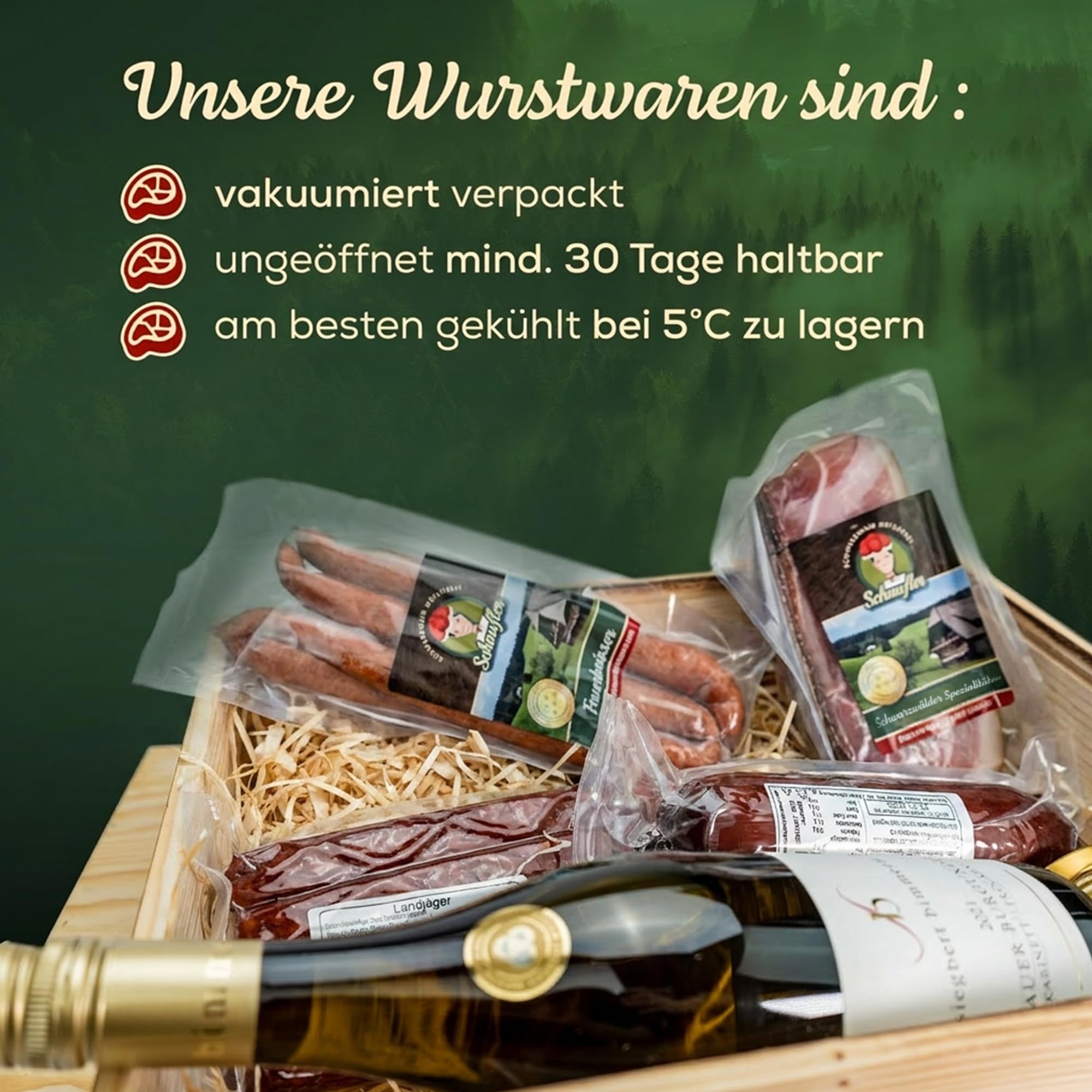 Schwarzwald Metzgerei: Geschenkkorb "Holzkiste" mit Wurst- und Schinken-Delikatessen – Präsentkorb mit Schwarzwälder Schinken, Feigensenf und Weißwein als Geschenk für jeden Anlass