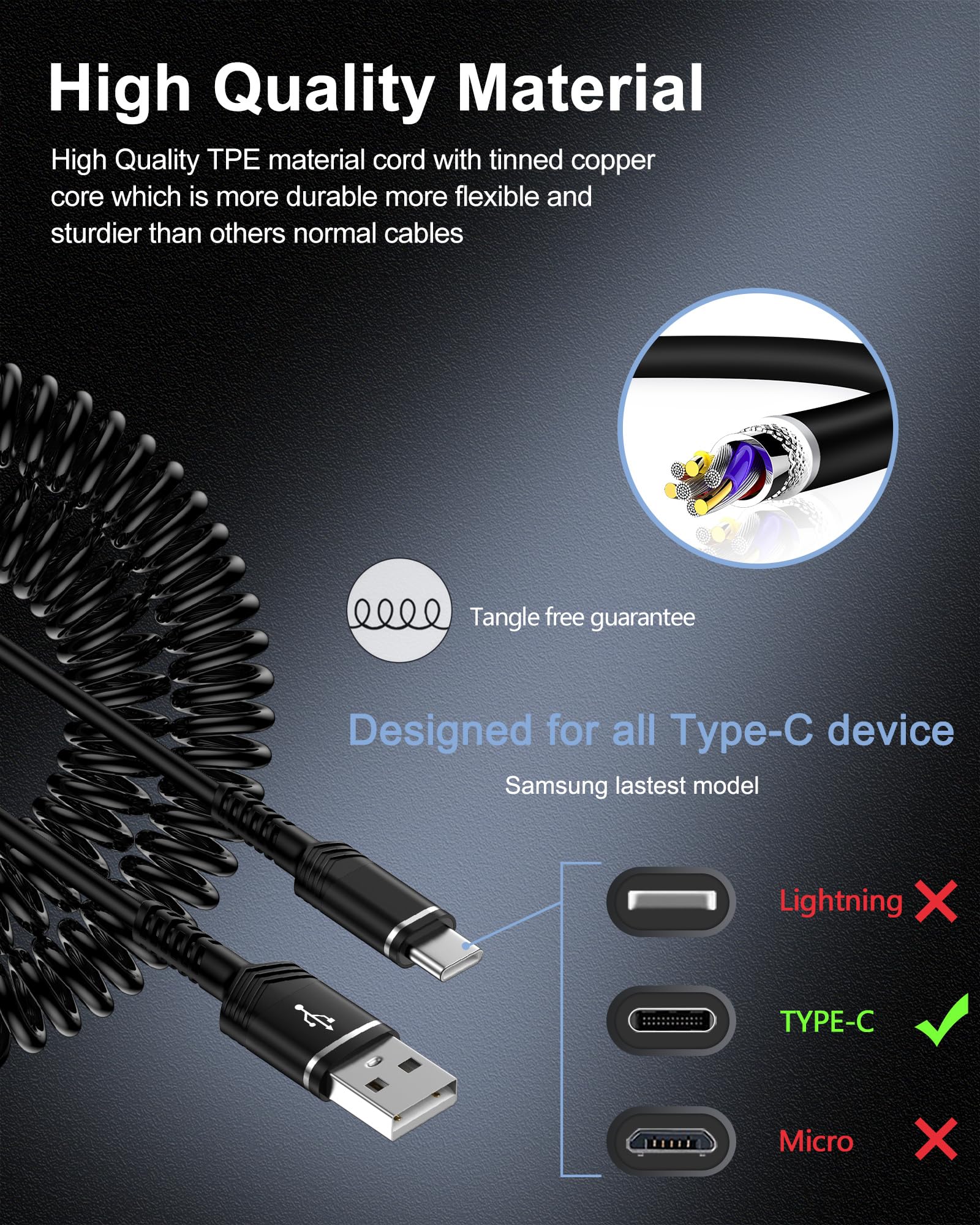 Cable USB a USB C en espiral, cable USB C de 4 pies, cargador de teléfono de coche, cable de carga rápida para iPhone 16 15 Pro Max/16 Pro/16 Plus/Galaxy/Pixel, cable USB-C retráctil para Apple