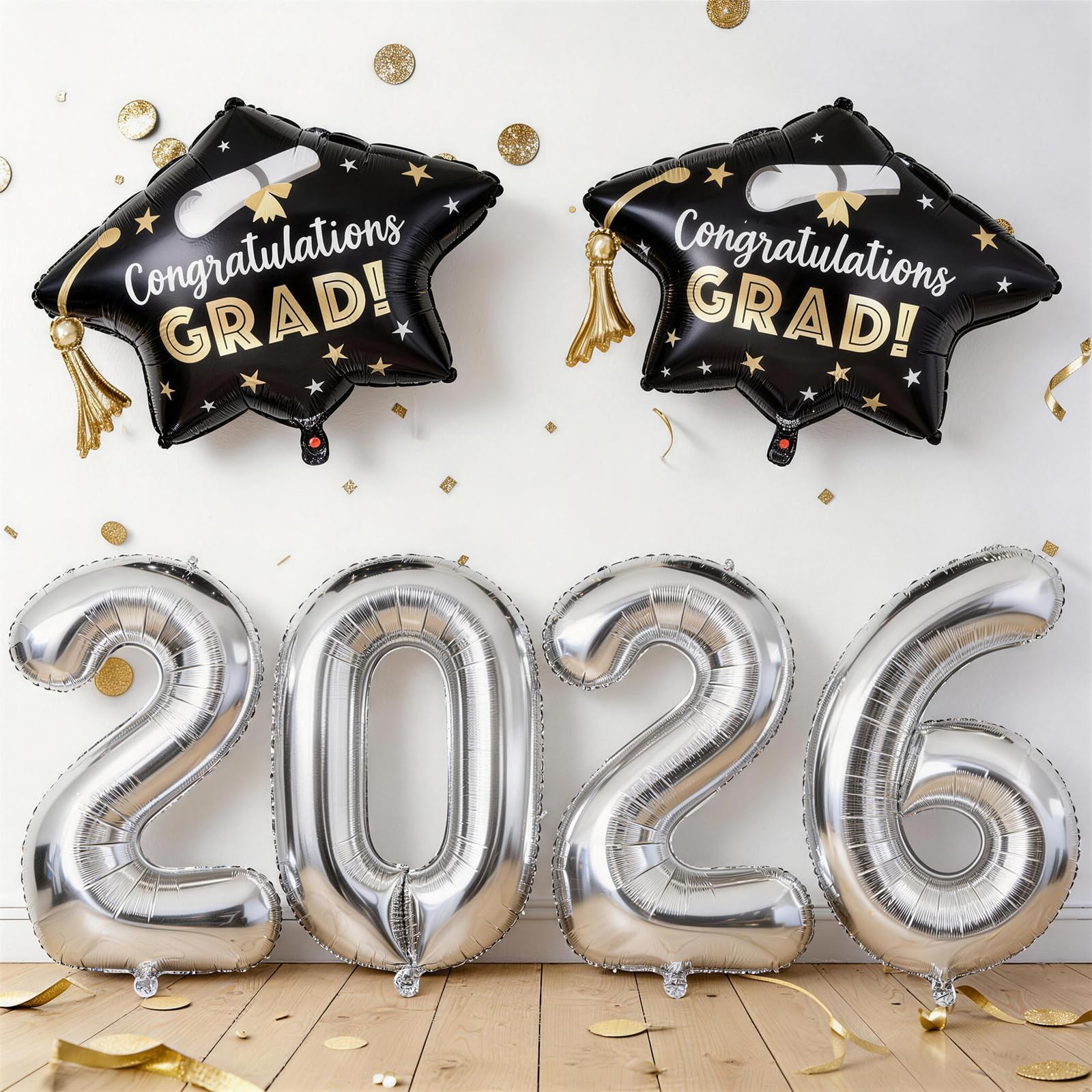 Photo 1 of 2026 Graduation Cap Balloons, Black Grad Hat Foil Balloon Congrats Grad Balloon Decorations 40 Inch Silver 2026 Balloons for High School College Class of 2026 Congratulations Graduate Party Decoration