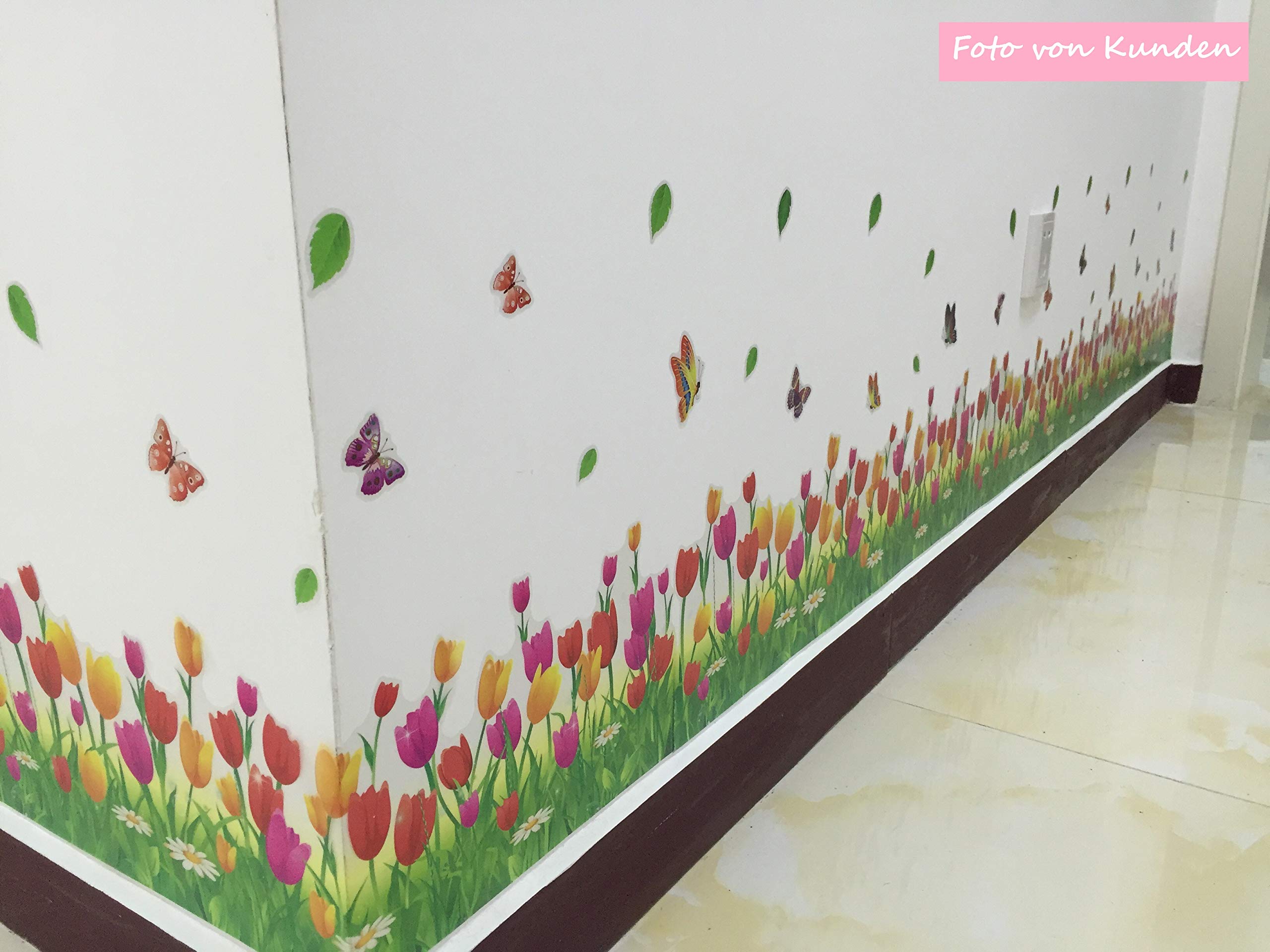 WandSticker4U Adesivi Murali Fiori Prato Fiorito Rosa, 228x40 Cm, Decorazione Parete Con Farfalle E Libellule, Per Soggiorno, Cameretta, Cucina - 6