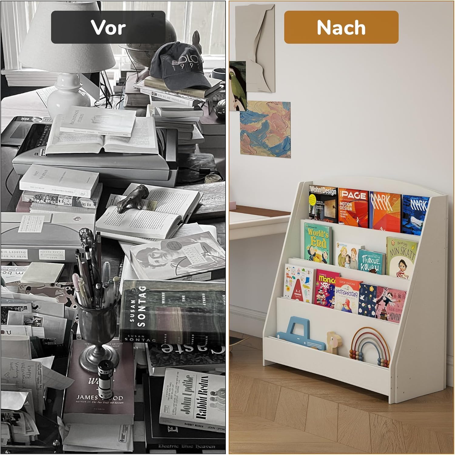 4 Ebenen Bücherregal Kinder Montessori – 88cm Höhe fürs Kinderzimmer | Kinderfreundlich, Leicht greifbar, Lesefördernd, Stauraumstark, Offen