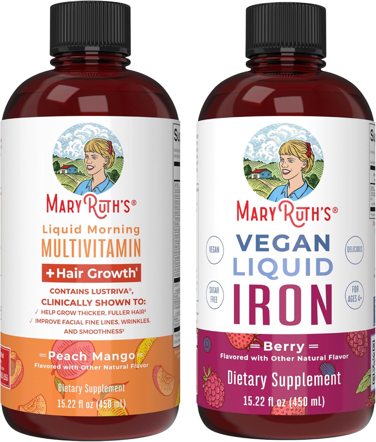 MaryRuth's MaryRuth's Liquid Morning Multivitamin +Hair Growth (Peach Mango, 15.22oz) & Iron Liquid (Berry) | Clean Label Project Verified® | Beauty, Immunity, & Overall Health | Vegan, Non-GMO