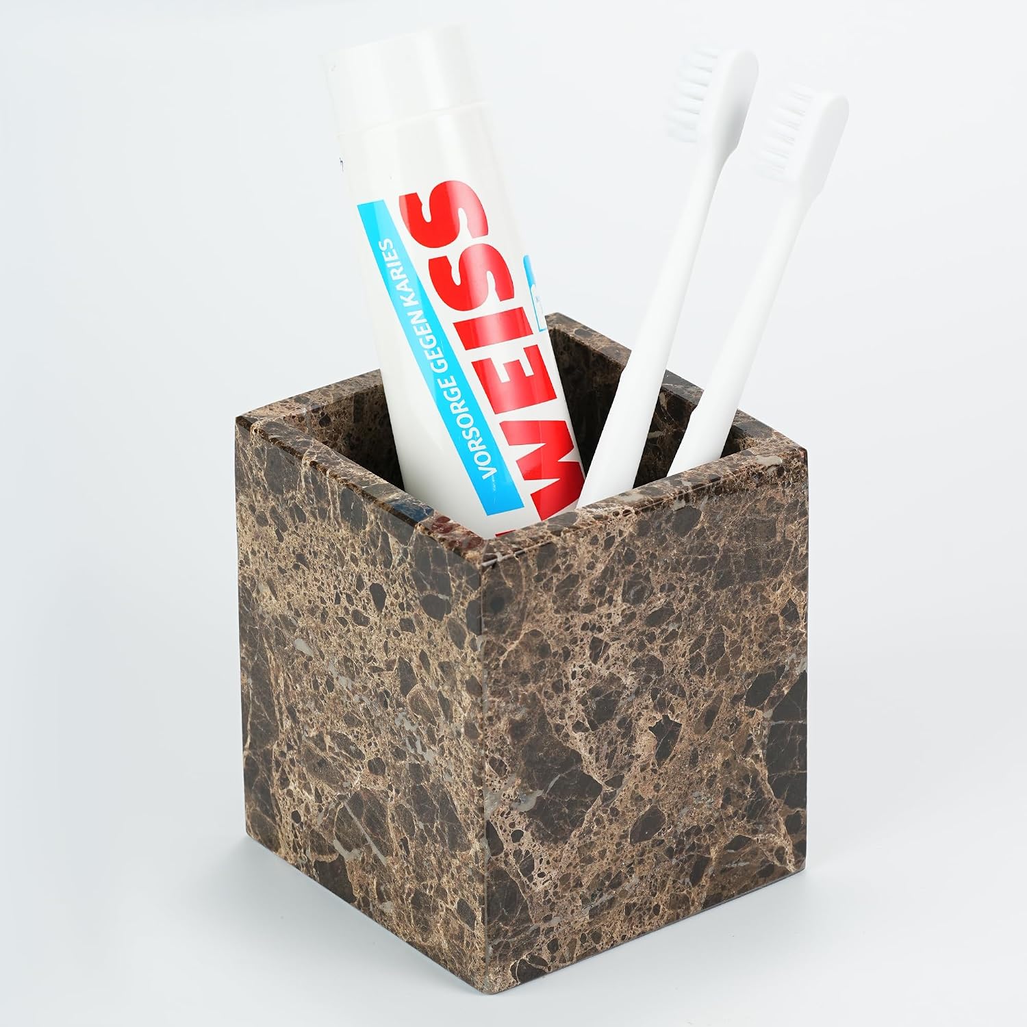 Marble Makeup Brush Holder - Brown Candle Toothbrush Cup for Bathroom Accessories, Decorative Pencil Organizer for Office Desk Aesthetic, Stone Utensil Container for Kitchen Countertop