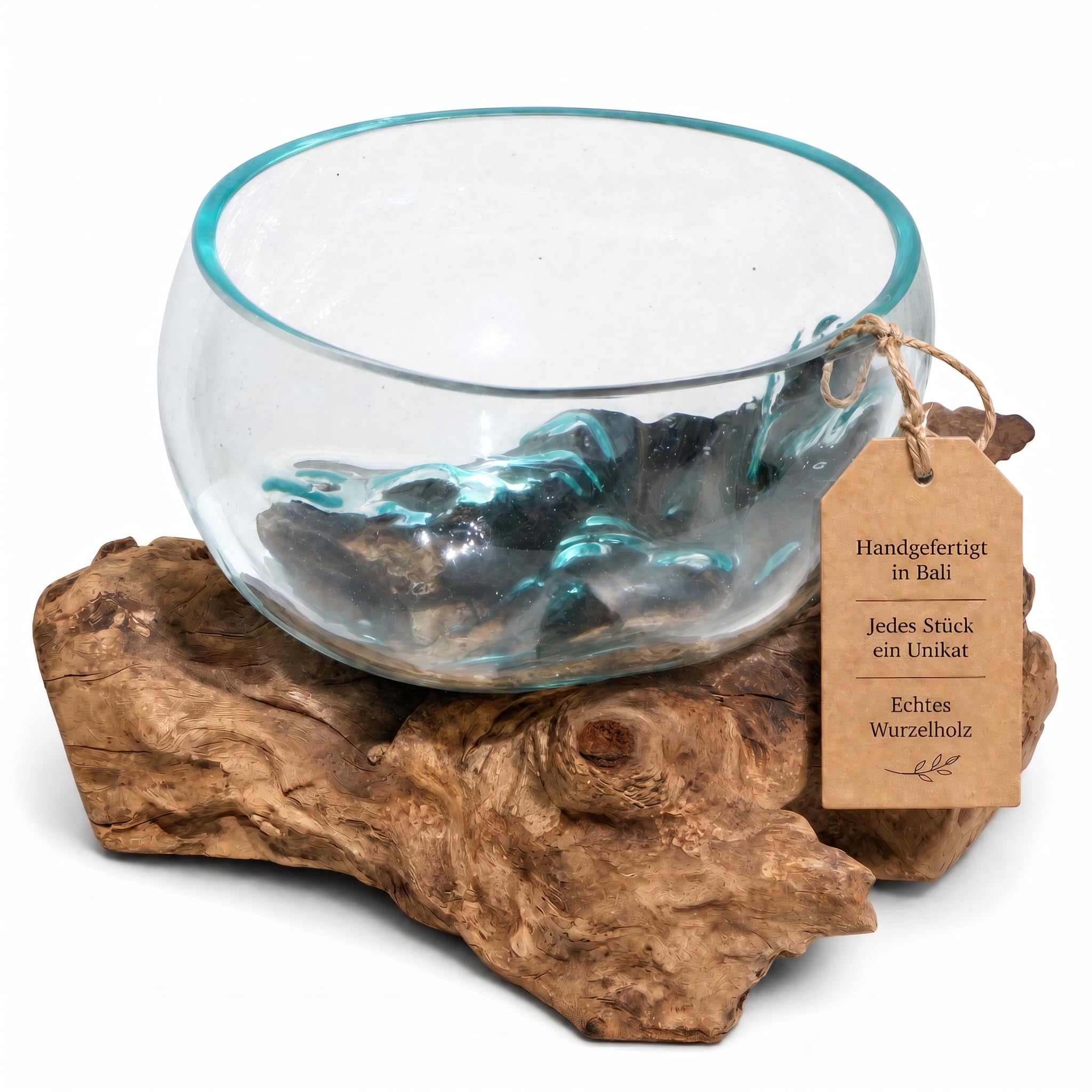 Handgefertigte Deko Glasschale - B-Ware - Unikat Vase auf Wurzelholz - mundgeblasenes Gestaltungselement aus Teakholz - Naturdesign für Tischdeko, Wohnzimmer, Balkon - Ø 18-20 cm Schale L