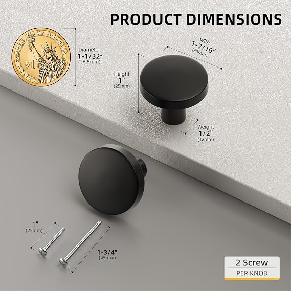 Goldenwarm 10 Pack Matte Black Cabinet Knobs for Kitchen Hardware Handles Round Dresser Drawer Knob for Closet Bifold Modern Cabinets Pulls,1.27 Inch