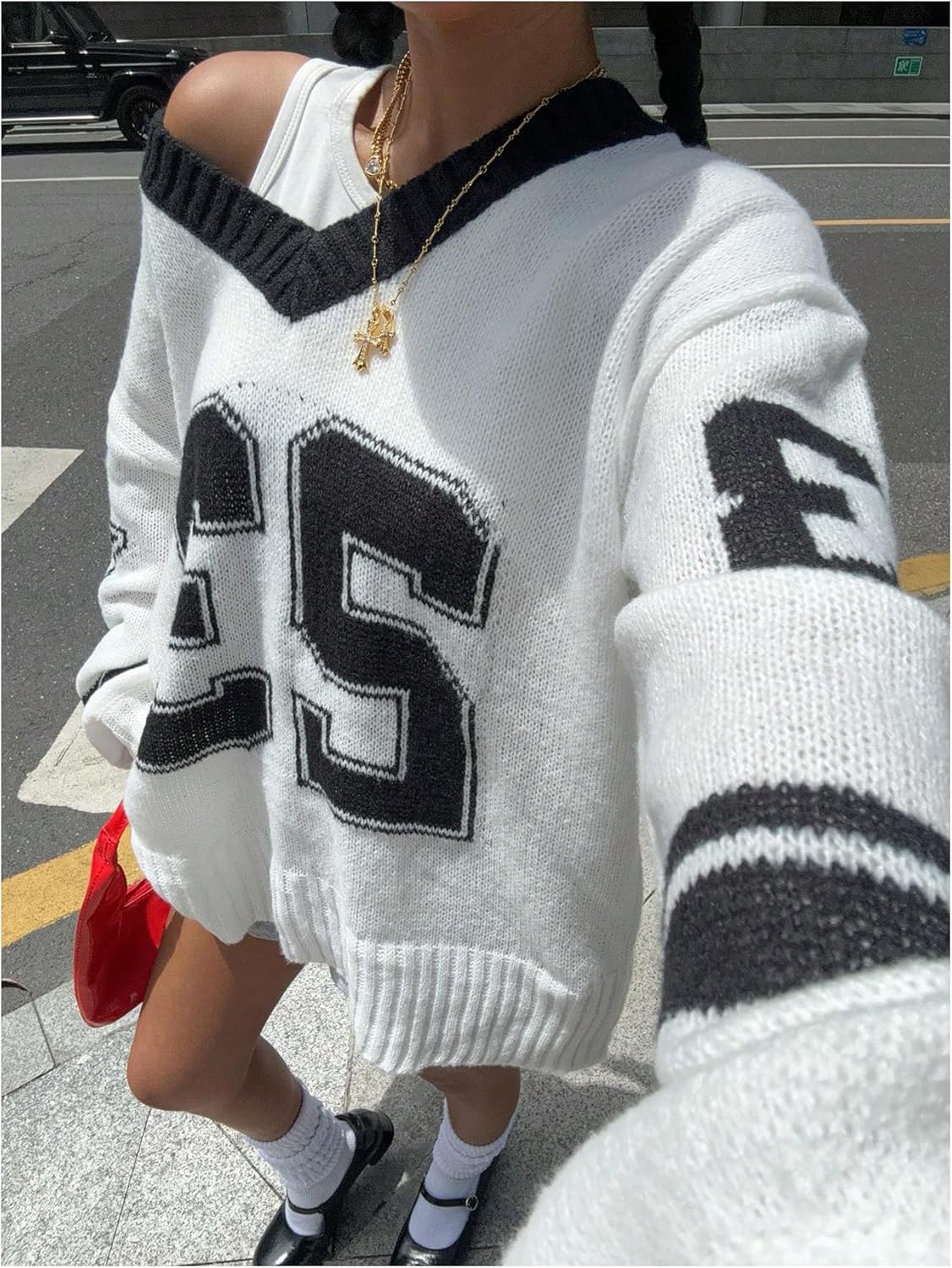 Women's Y2K Sweater Oversized Sweaters Long Sleeve V Neck Pullover Jumper Knit Top - Image 4