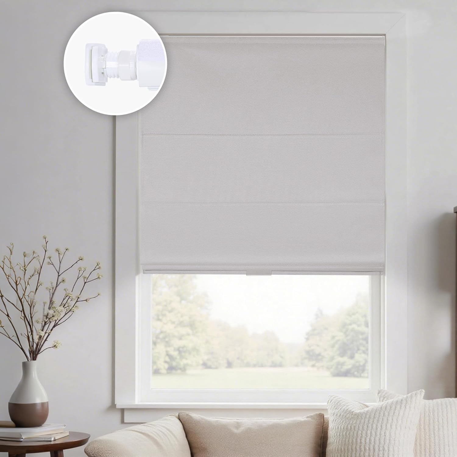 HOMEDEMO No Drill No Tools Cordless Roman Shades for Window,Room Darkening Easy Install Linen Fabric Blackout Roll Up Roman Blinds Window Blinds Inside Mount 29" W x 60" H Off-White 29"W x 60"H