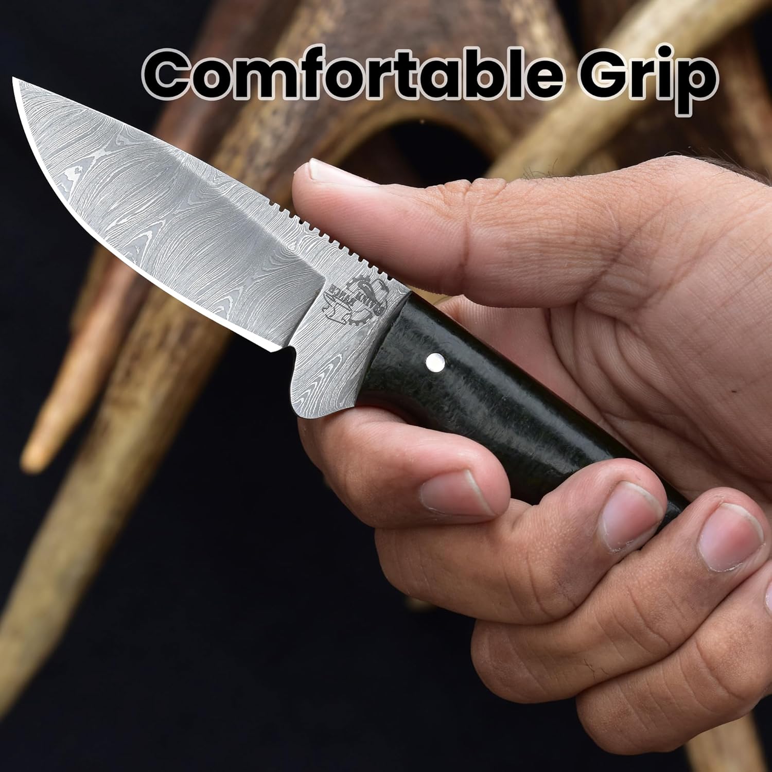 Knives Ranch Handmade Damascus Steel Full Tang 6-1/2" Hunting Knife - Kale Green Burlap Micarta Handle - Cowboy Leather Sheath Snug Fit (3055-KALE)