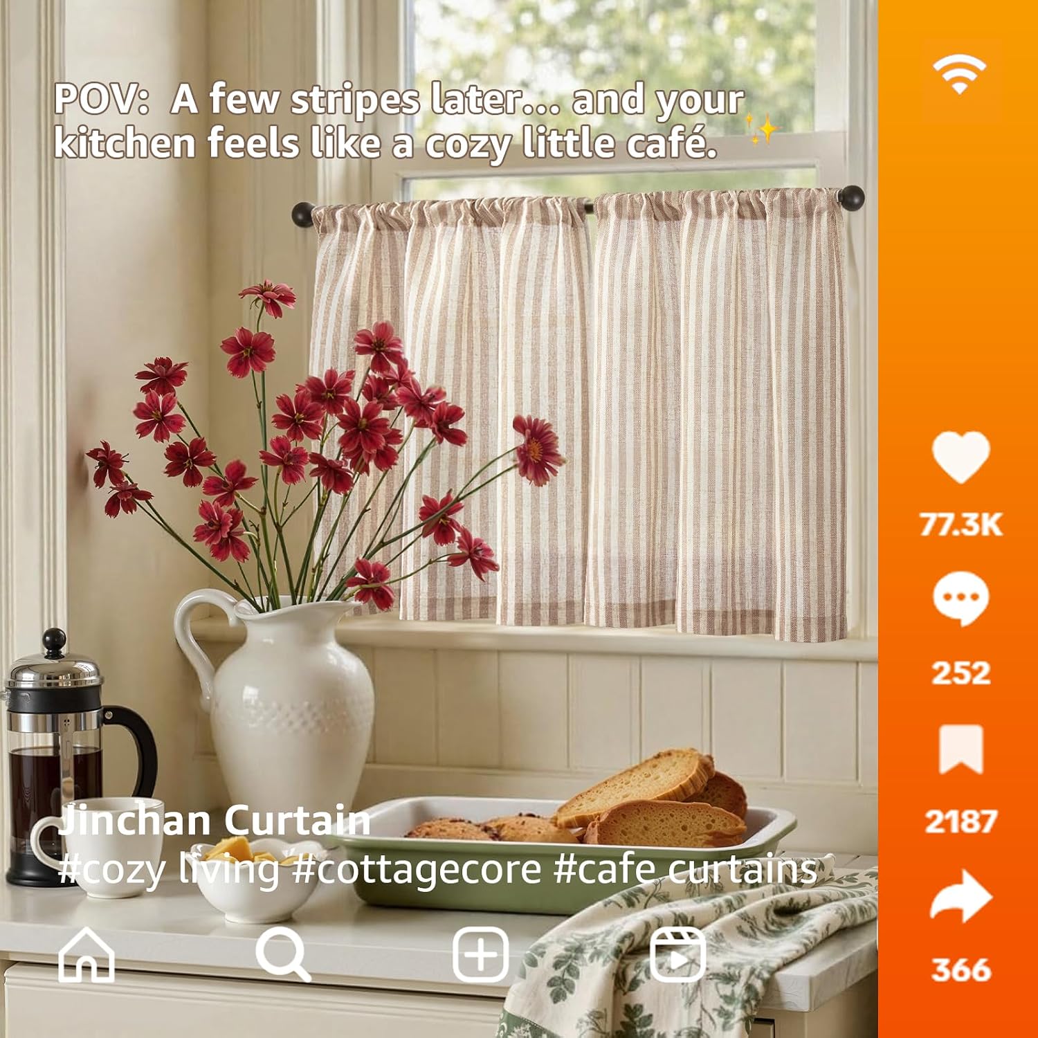 jinchan Striped Linen Kitchen Curtains 20 Inches Length Tier Curtains Farmhouse Modern Cafe Style Small Window Treatments Airy Light Filtering Rod Pocket for Living Room Bathroom 2 Panels Tan