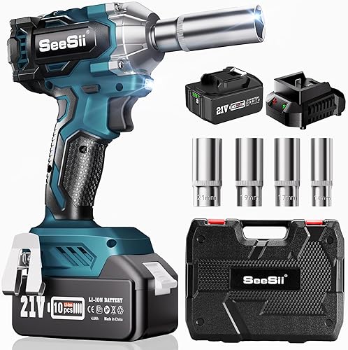Seesii Llave de impacto inalámbrica de 38 pulgadas, pistola de impacto de potencia con par máximo de 330 pies (450 N.m), batería recargable de 4.0
