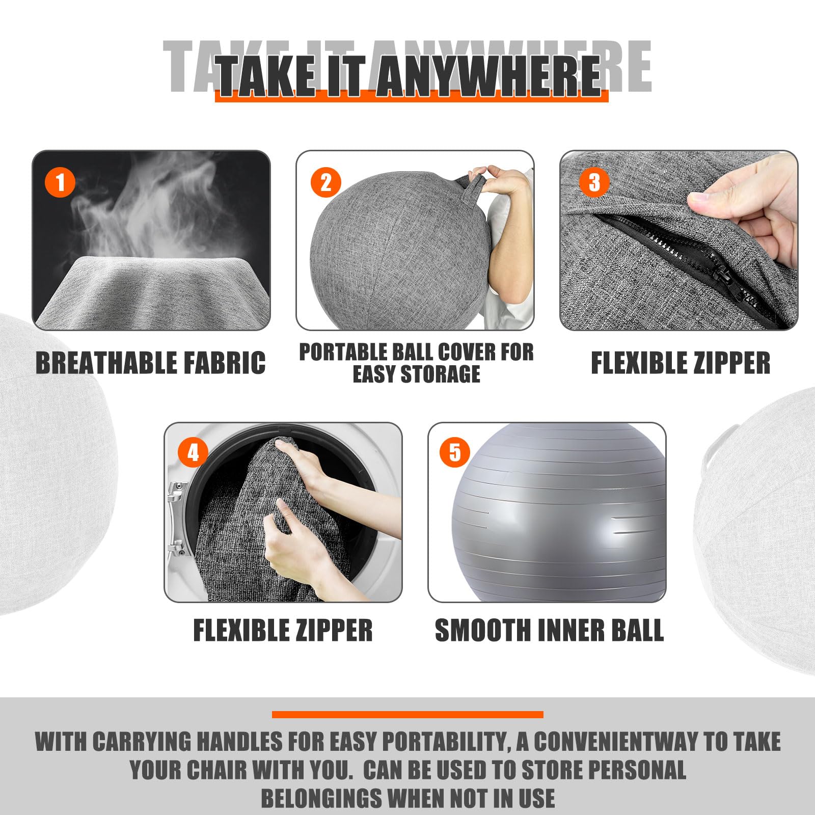 Stoff-Sitzball 65cm Schutzhülle für Gymnastikball Gymnastikball - Fitness-Ball Sitzball Büro mit Pumpe und Deckel Ergonomische Sitzmöbel für Büro und Heimbüro -Waschbarer Stoffbezug