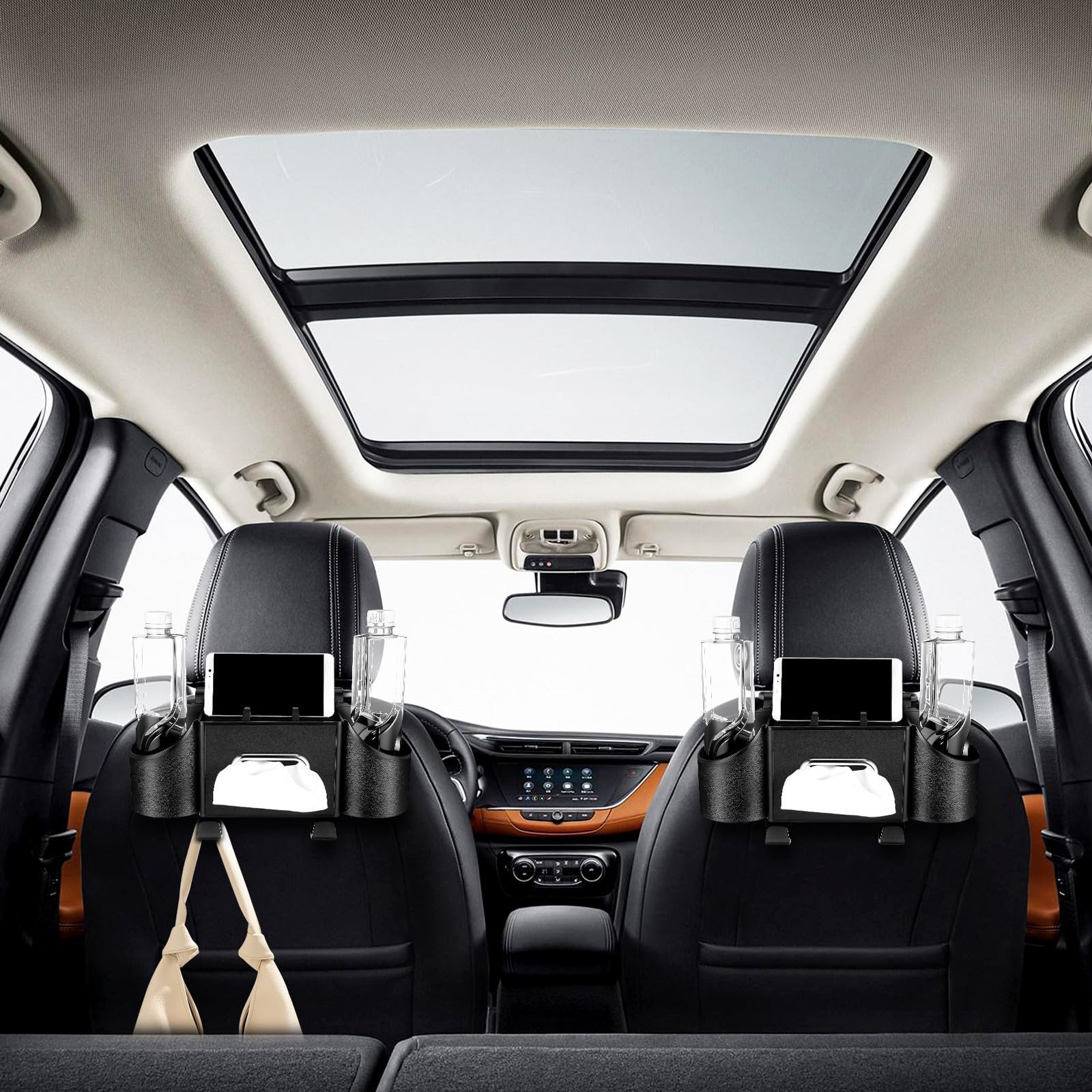 Hemobllo Kopfstützen Aufbewahrungsbox und Haken Organizer mit Getränkehalter Multifunktionale Integrierte Taschentuchbox Schwarz für Rücksitzlehne Auto Innenraum Zubehör für Reise