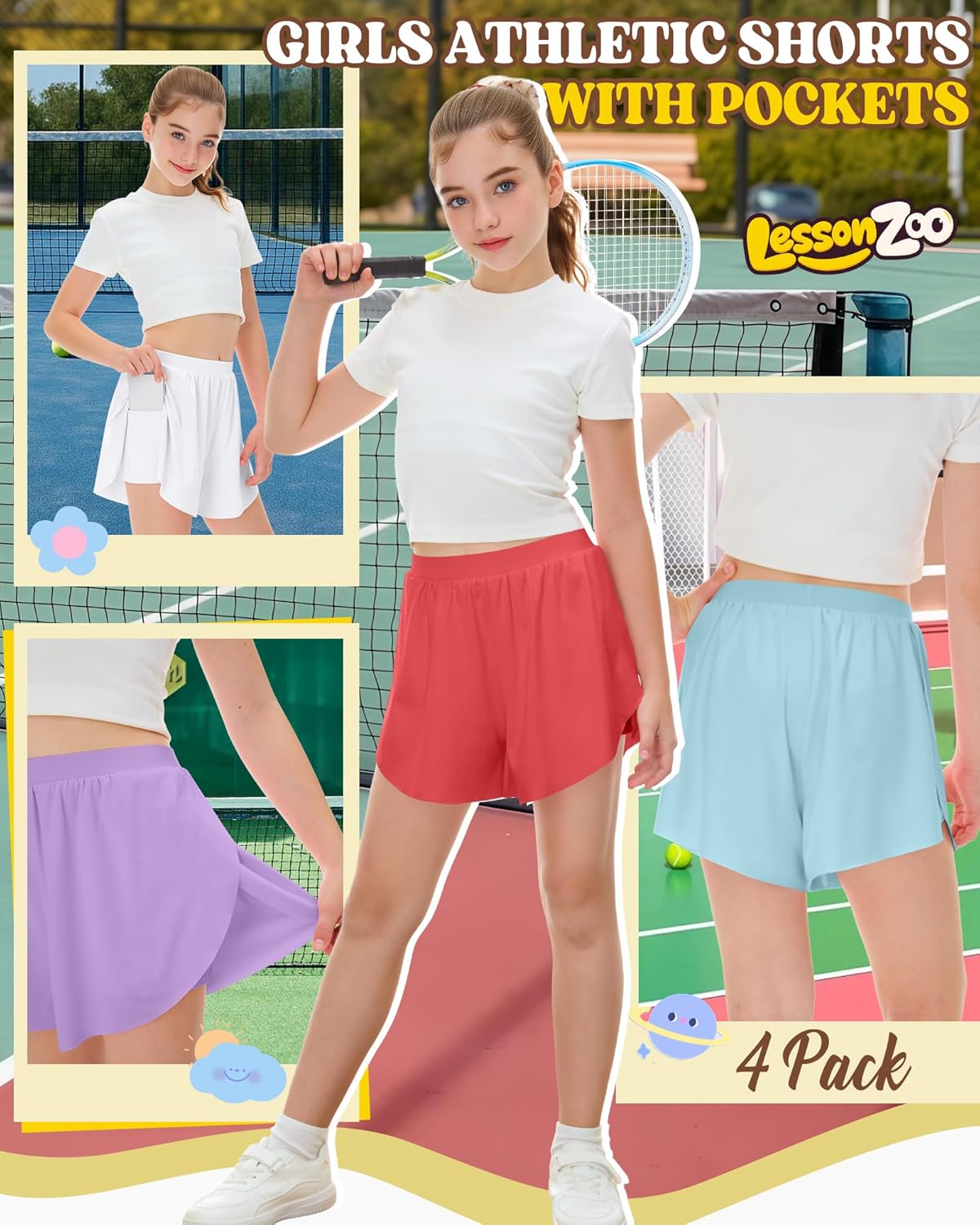 4 Pack Girls' Athletic Shorts Flowy Butterfly Skirts 2 in 1 Kids Quick Dry High Waist Running Shorts with Pockets