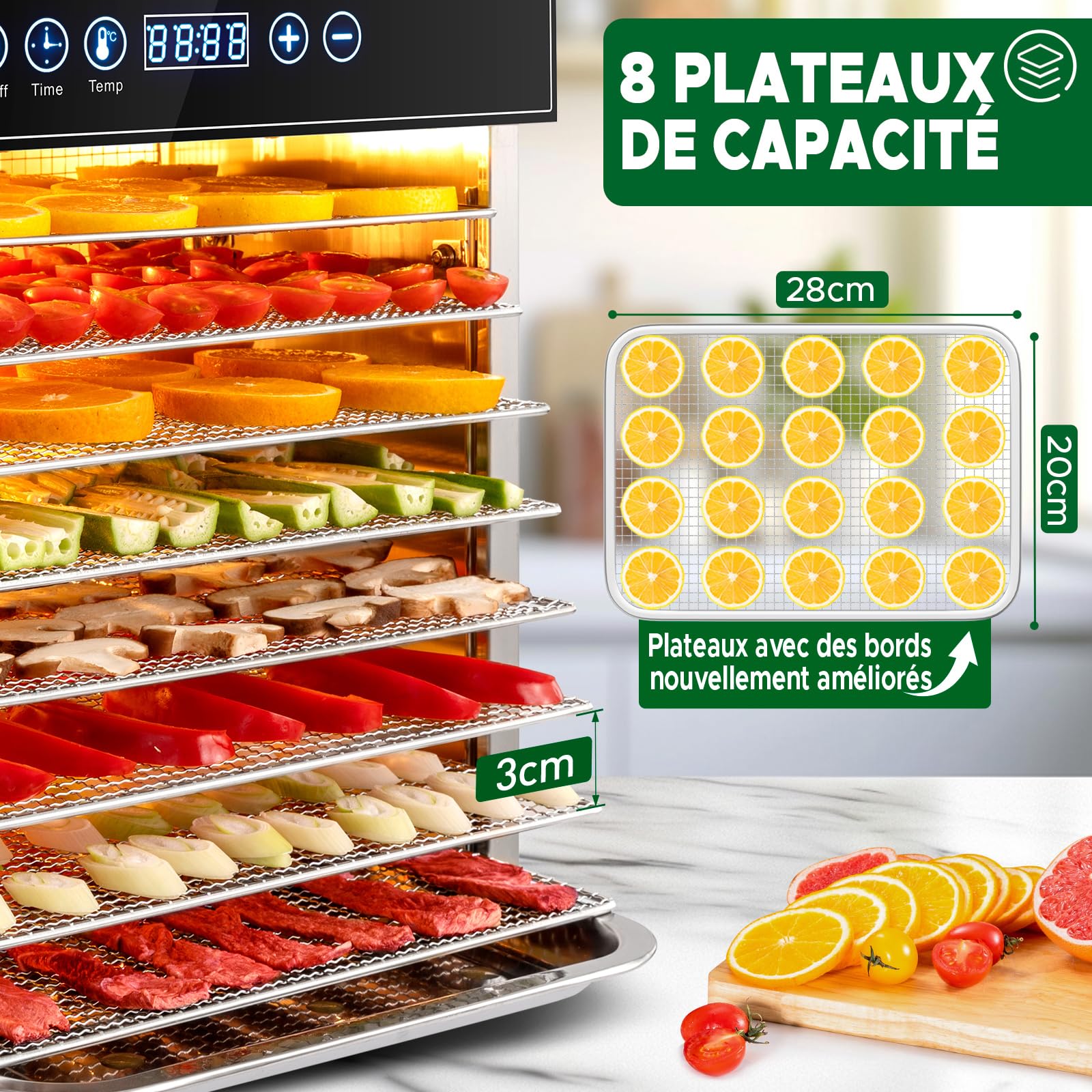 Kwasyo 8 Plateaux Deshydrateur Alimentaire en Acier Inoxydable, avec Température Réglable 30 à 90°C et Minuterie Numérique (0-24h), pour Fruits, Poisson, Légumes, Viande, Jerky, Herbes
