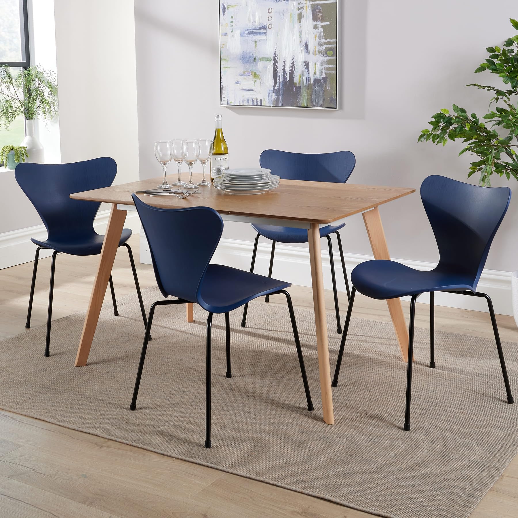 Home Source Kitchen Dining Table Set, 4 Blue Moulded Chairs, 120cm Table