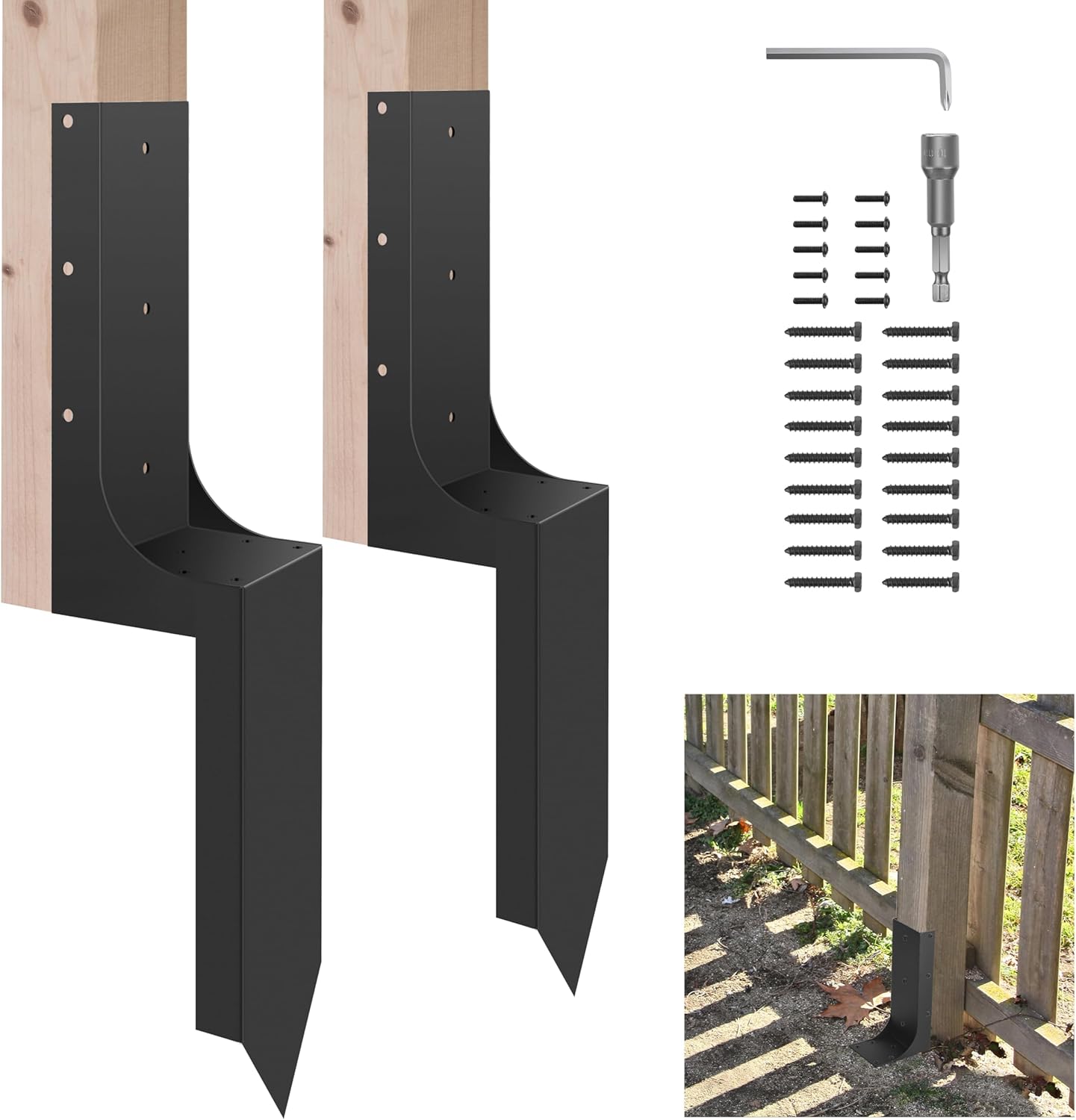 Thickened Fence Post Repair Kit, 3.6"x3.6" Anchor Ground Spike, 2 Pack Heavy Duty Steel Repair Stakes for Wooden Fence Post