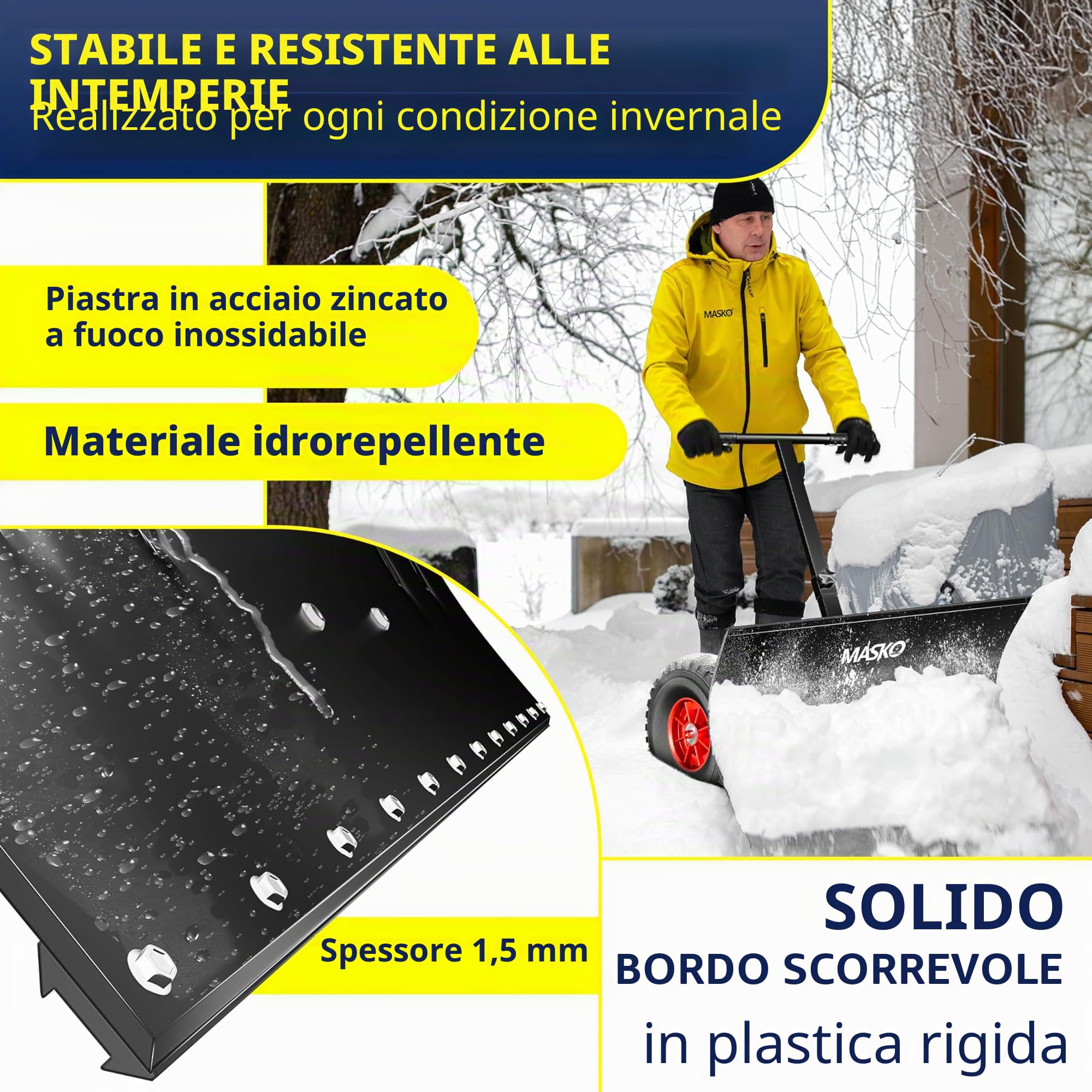 MASKO® Pala da neve su ruote regolabile in altezza – 5 posizioni regolabili in altezza, che non danneggia la schiena, 75 cm, larghezza di lavoro 42 cm