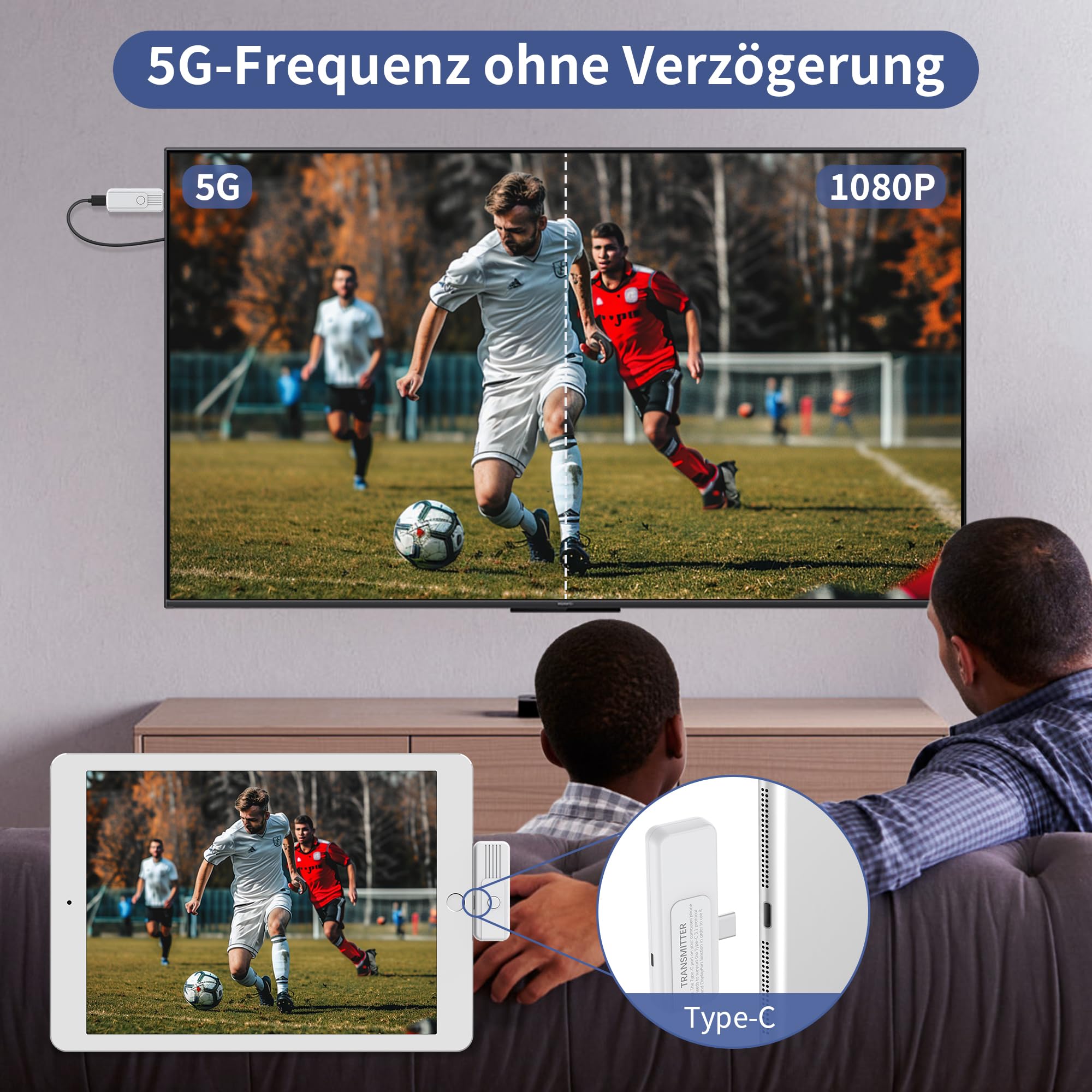 Wireless HDMI Transmitter and Receiver, Aufgerüstetem Type-C 3.1 Hdmi Wireless Plug & Play 2.4G/5G zum Streamen von Video und Audio zu HDTV, Projektor oder Monitor von Smartphone, Tablet oder Laptop
