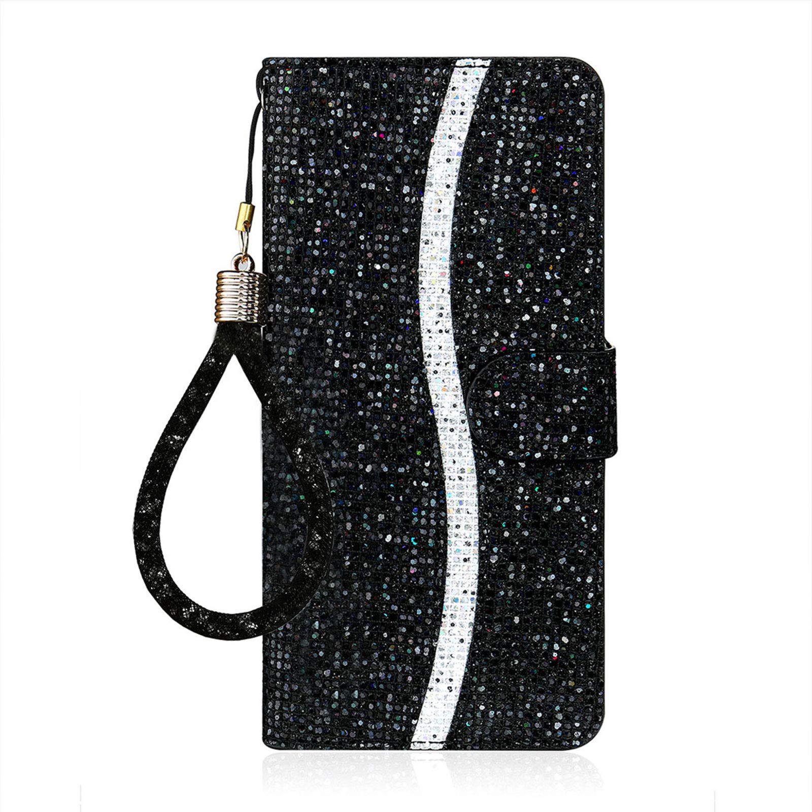 AilisiSamsung Galaxy S8 Flip Case Glitter, Sequins Bling Sparkle Leather Wallet Cover with Magnetic Closure, Support Stand and Card Slots, Phone Case for Galaxy S8, with 1 pcs Lanyard Strap - Black