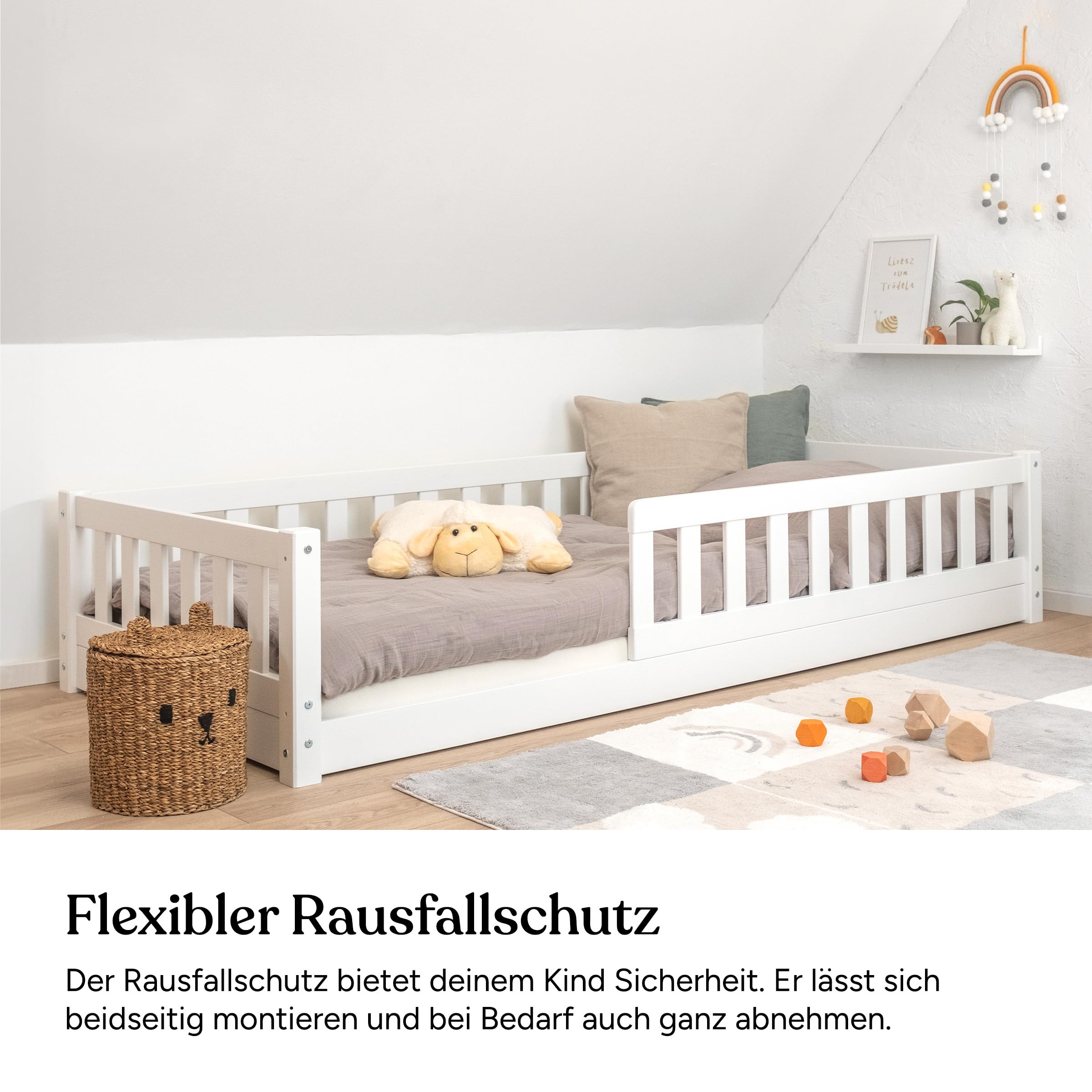 Ehrenkind® Bodenbett Lille | Kinderbett mit abnehmbaren Rausfallschutz aus Massivholz FSC® zertifziert inkl.hochwertigem Lattenrost | Bodenbett 90x200 | Kinderbett 90x200 Weiß