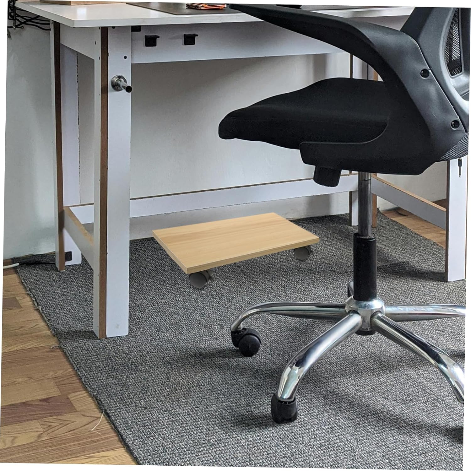 Movable Computer Tower Stand Wheels Solid Wood Base Easy-Clean Surface for Home Office Use Stable CPU Holder Reinforced Shelves Walnut Finish